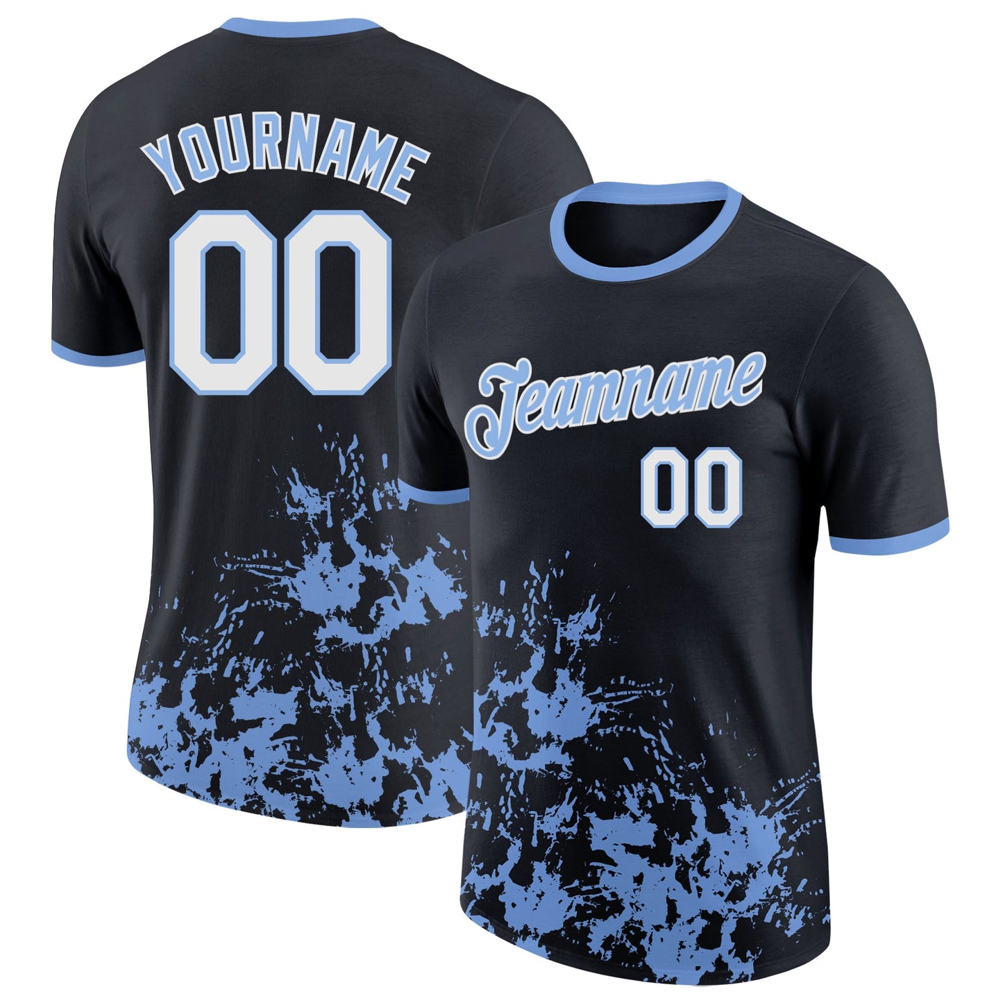Custom Black White-Light Blue Brush Stroke Splatter Performance T-Shirt - Main View