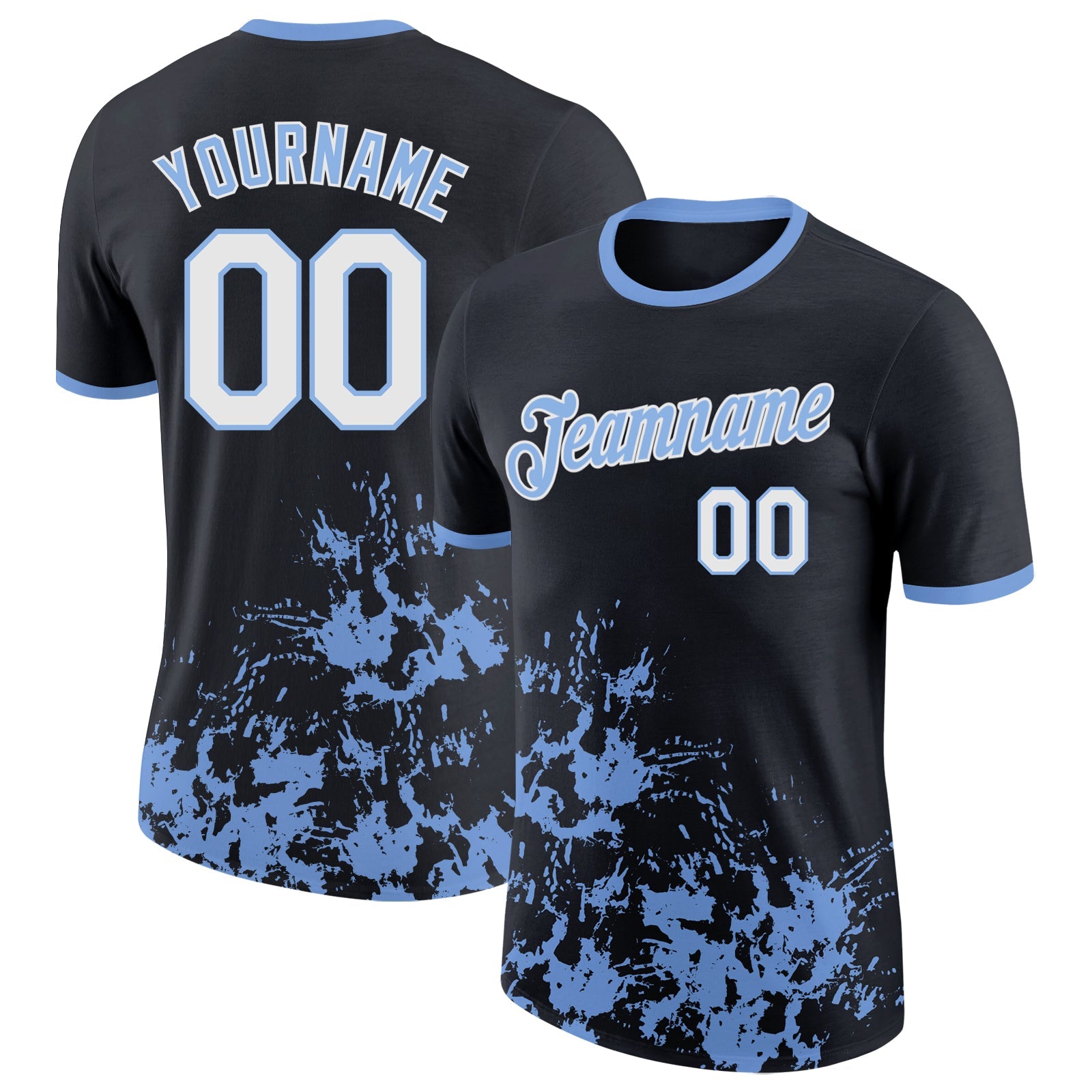 Custom Black White-Light Blue Brush Stroke Splatter Performance T-Shirt - Main View