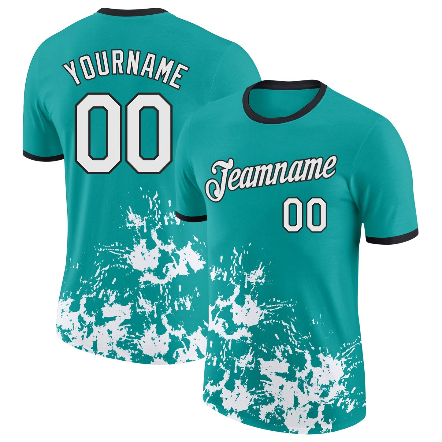 Custom Aqua White-Black Brush Stroke Splatter Performance T-Shirt - Main View