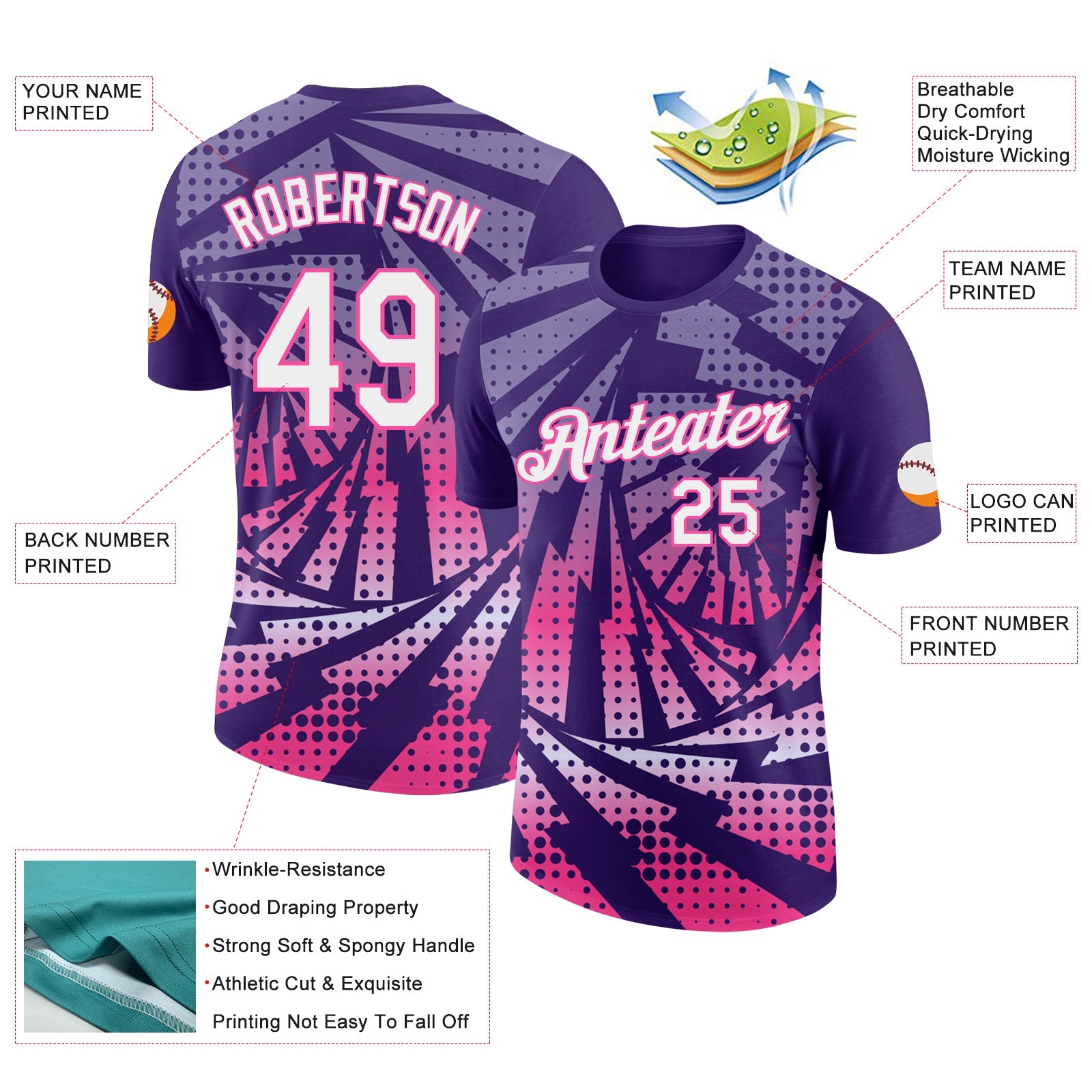 Custom Purple White-Pink Lightning Gradient Dot Performance T-Shirt view 2
