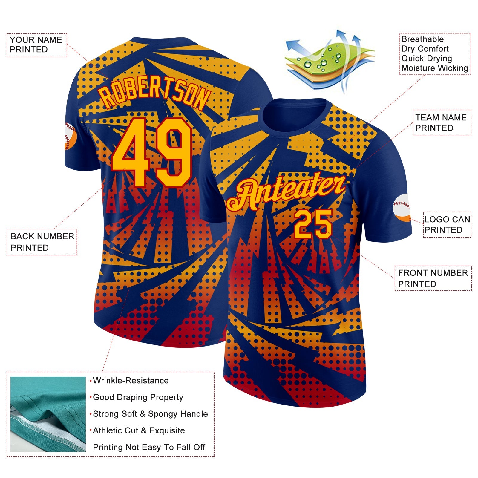 Custom Royal Gold-Red Lightning Gradient Dot Performance T-Shirt view 2