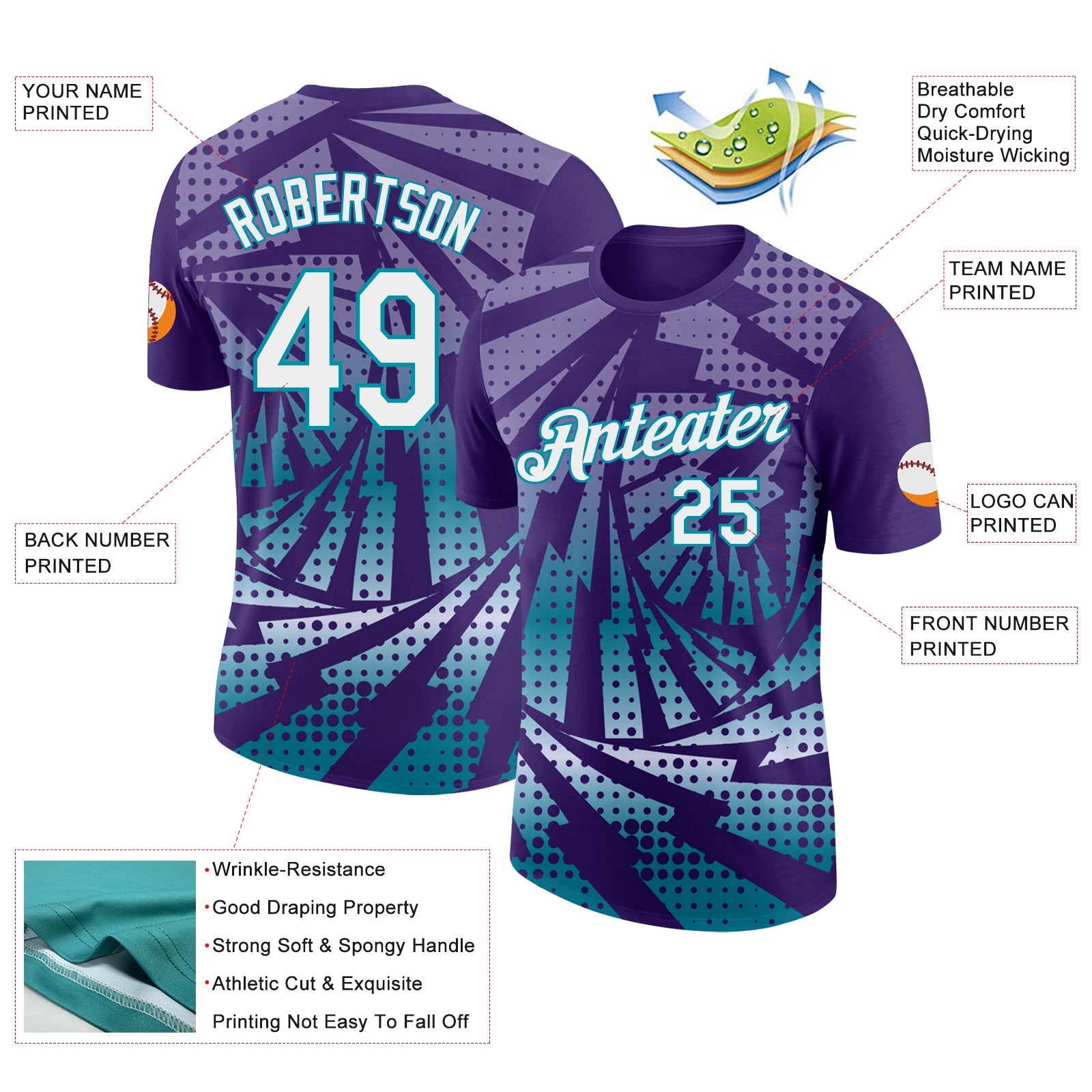 Custom Purple White-Teal Lightning Gradient Dot Performance T-Shirt view 2