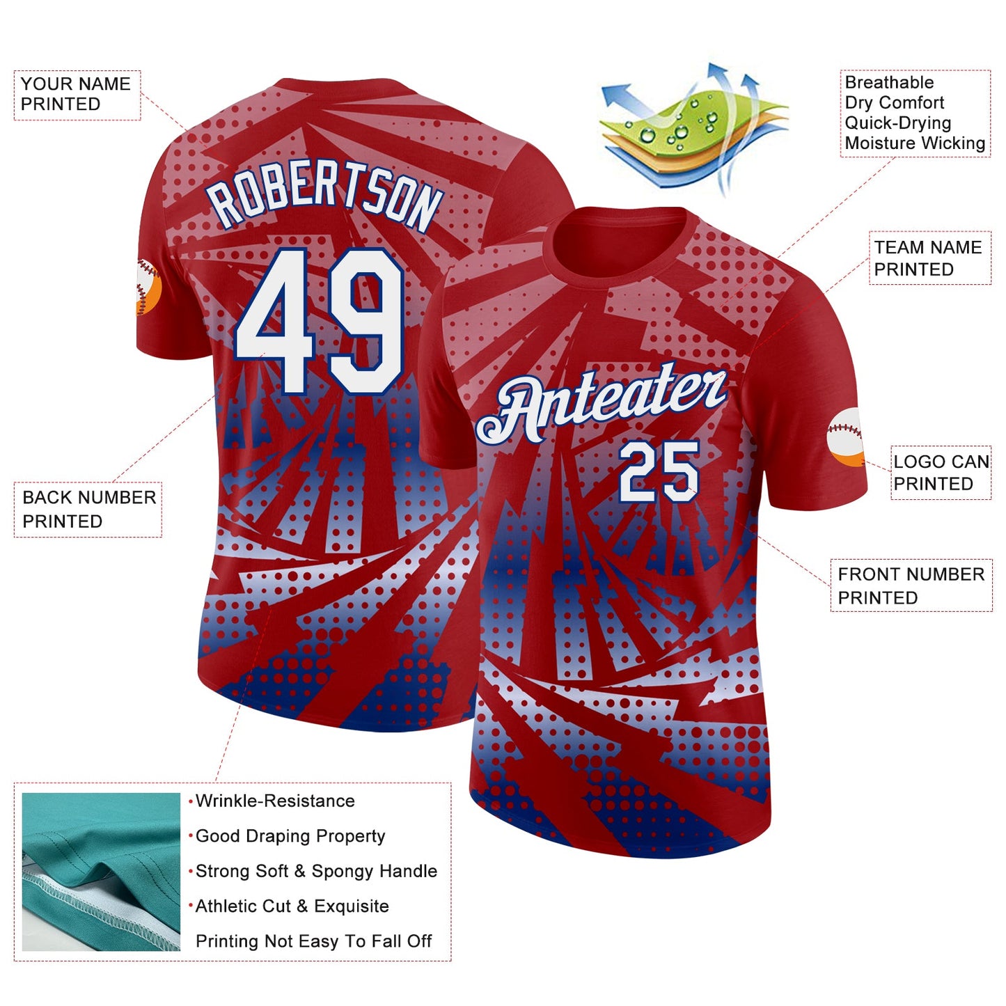 Custom Red White-Royal Lightning Gradient Dot Performance T-Shirt view 2