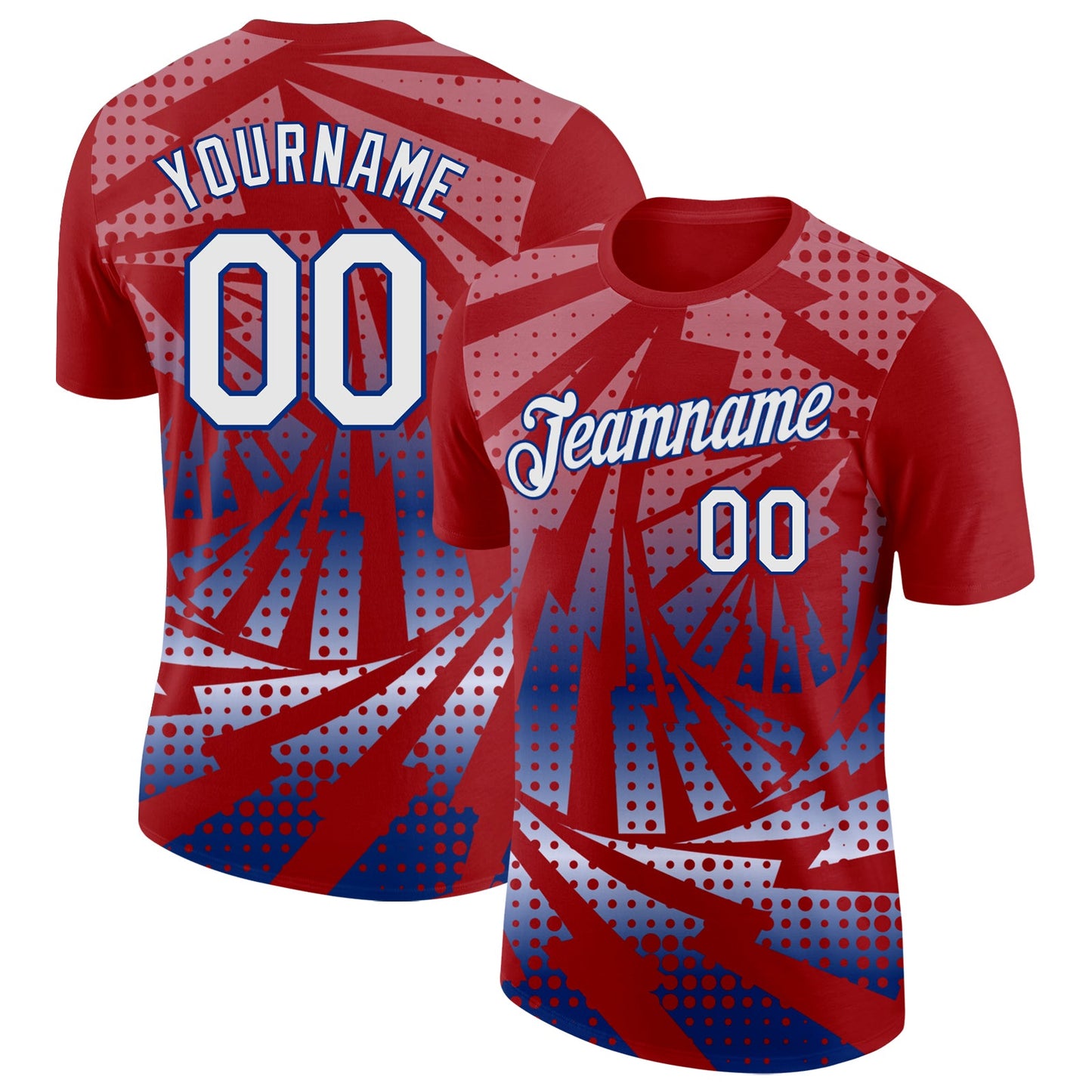 Custom Red White-Royal Lightning Gradient Dot Performance T-Shirt - Main View