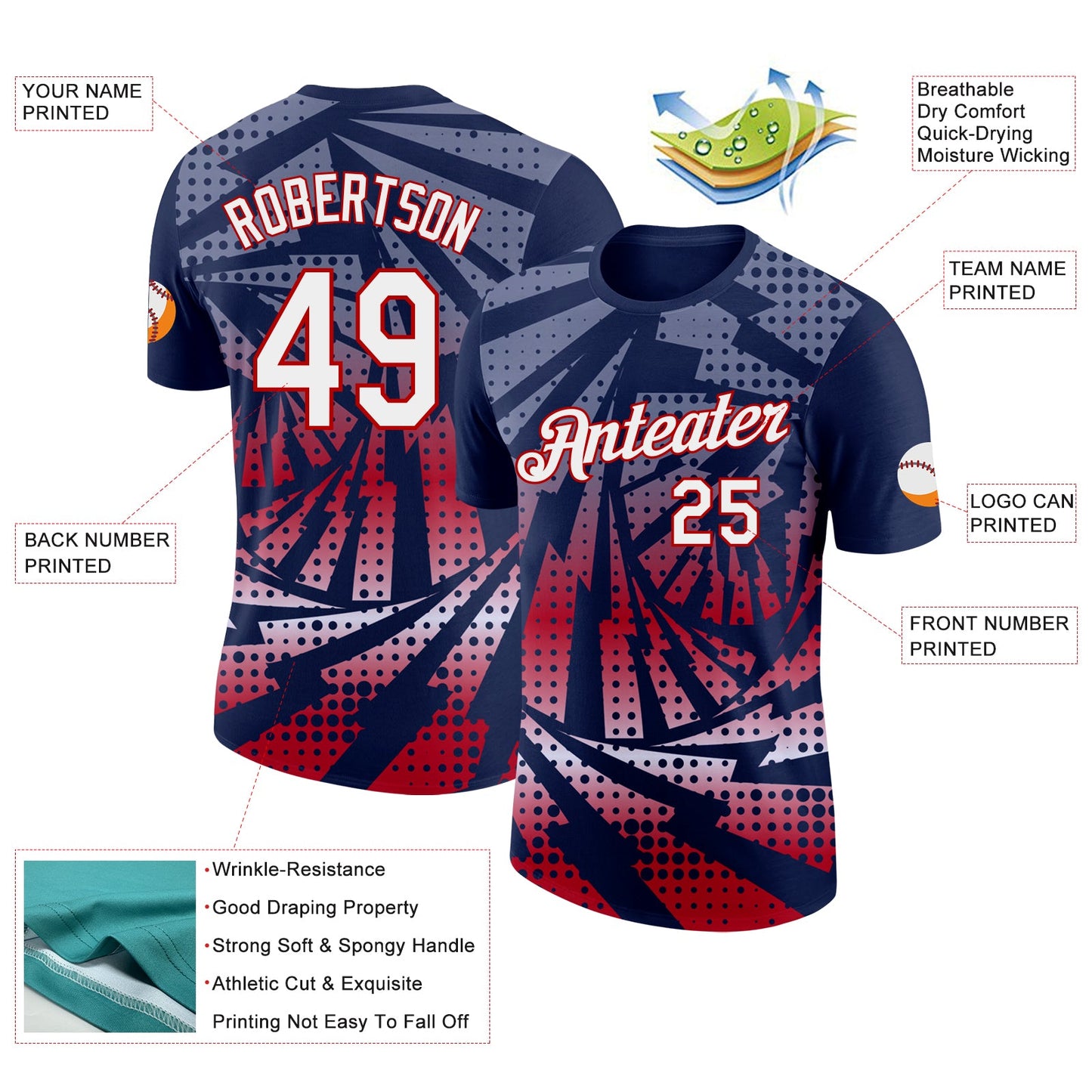 Custom Navy White-Red Lightning Gradient Dot Performance T-Shirt view 2