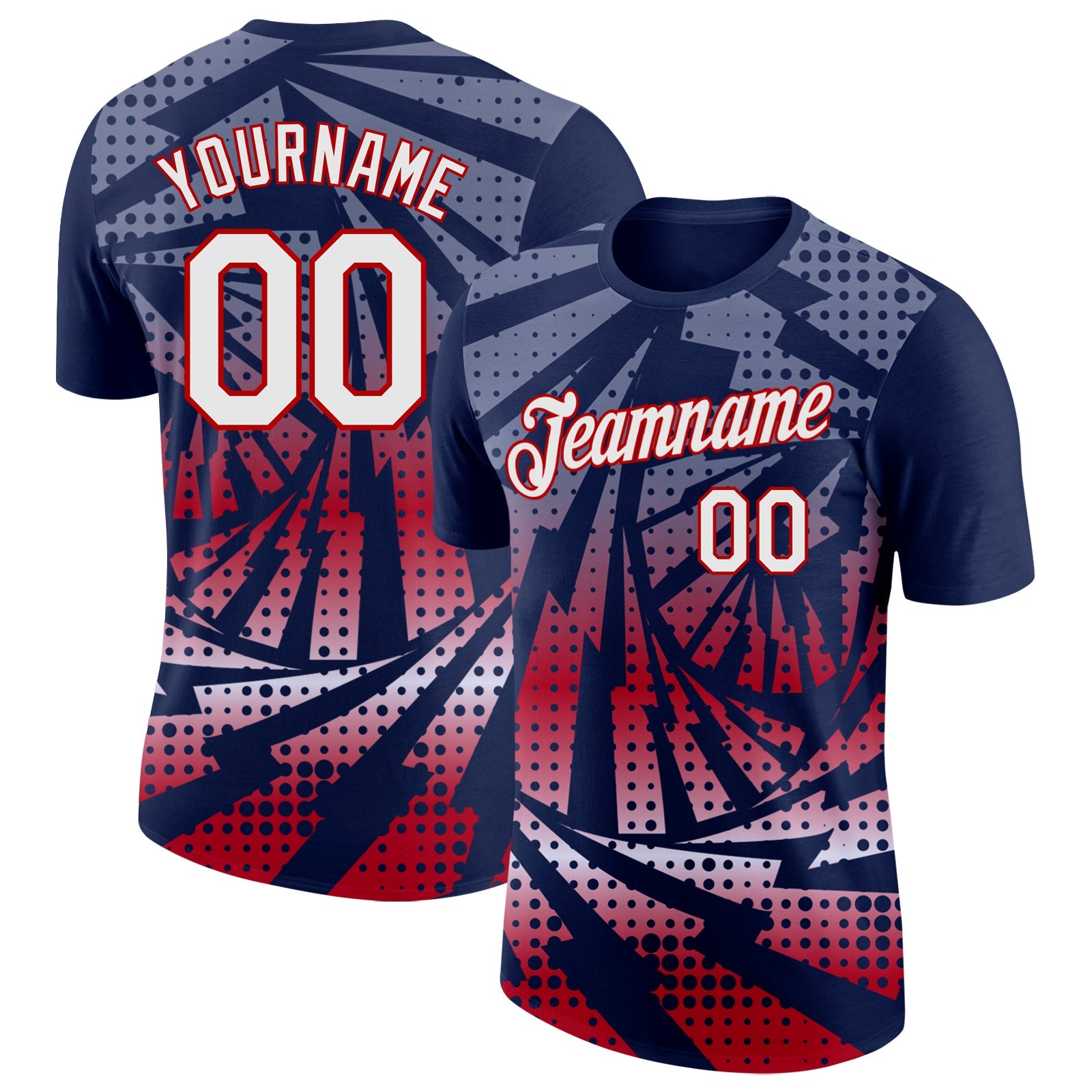 Custom Navy White-Red Lightning Gradient Dot Performance T-Shirt - Main View
