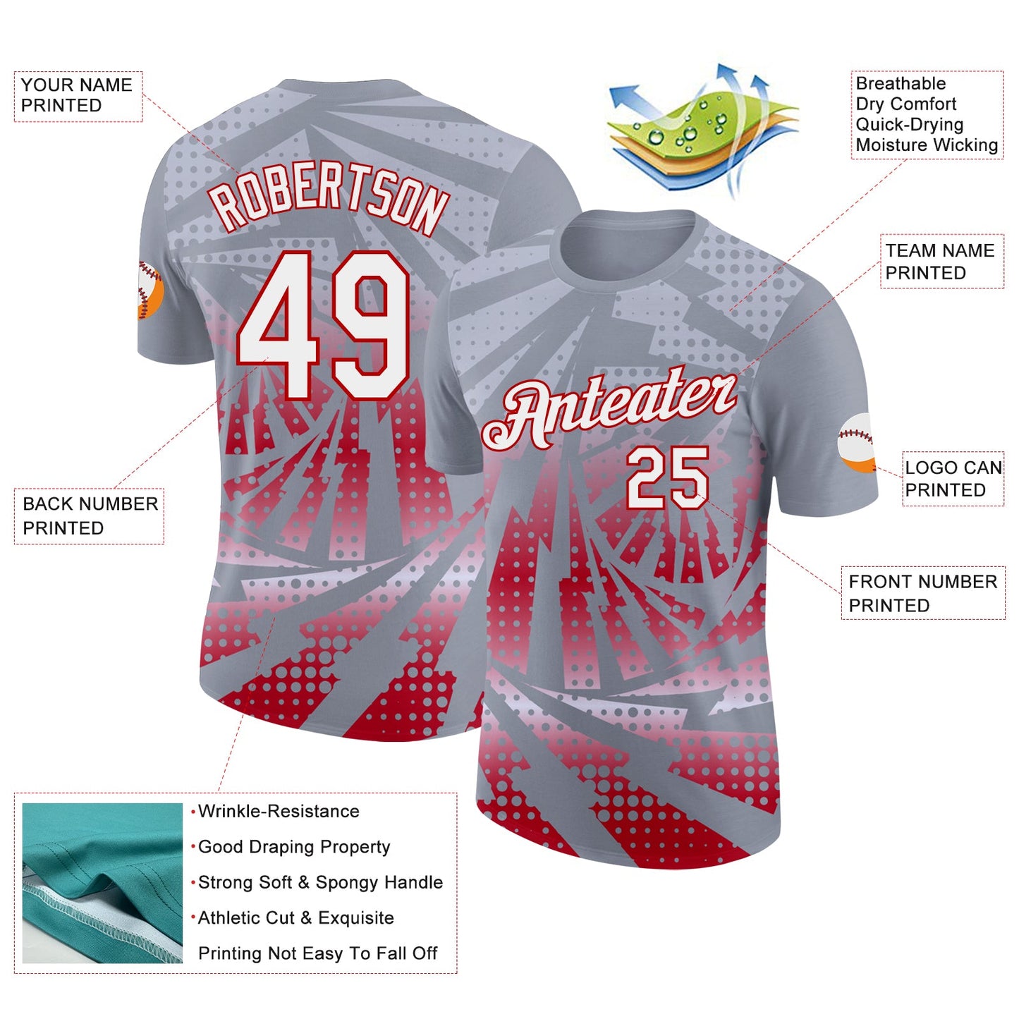Custom Gray White-Red Lightning Gradient Dot Performance T-Shirt view 2