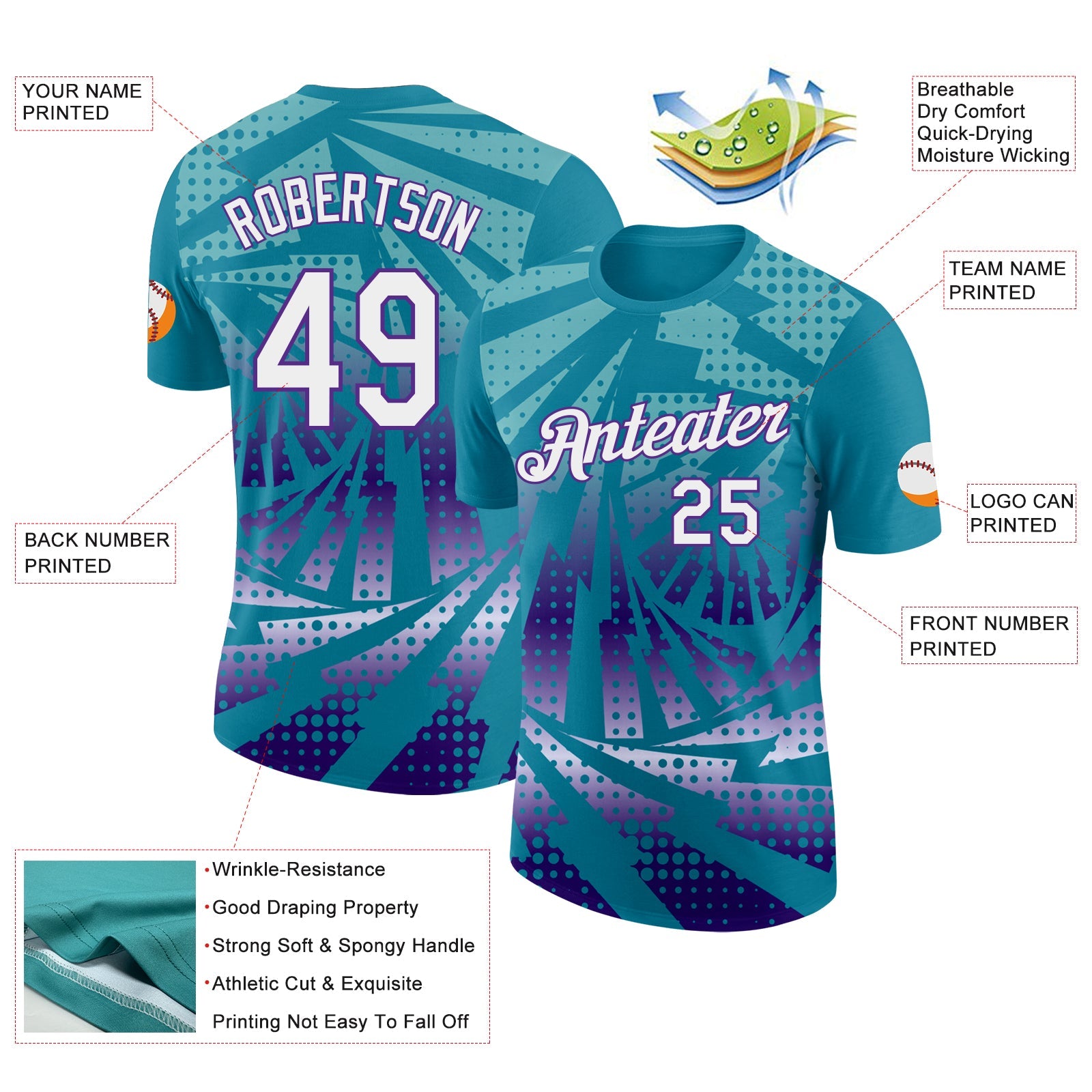 Custom Teal White-Purple Lightning Gradient Dot Performance T-Shirt view 2