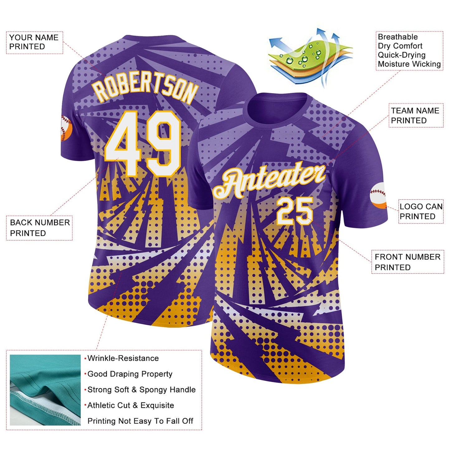 Custom Purple White-Gold Lightning Gradient Dot Performance T-Shirt view 2