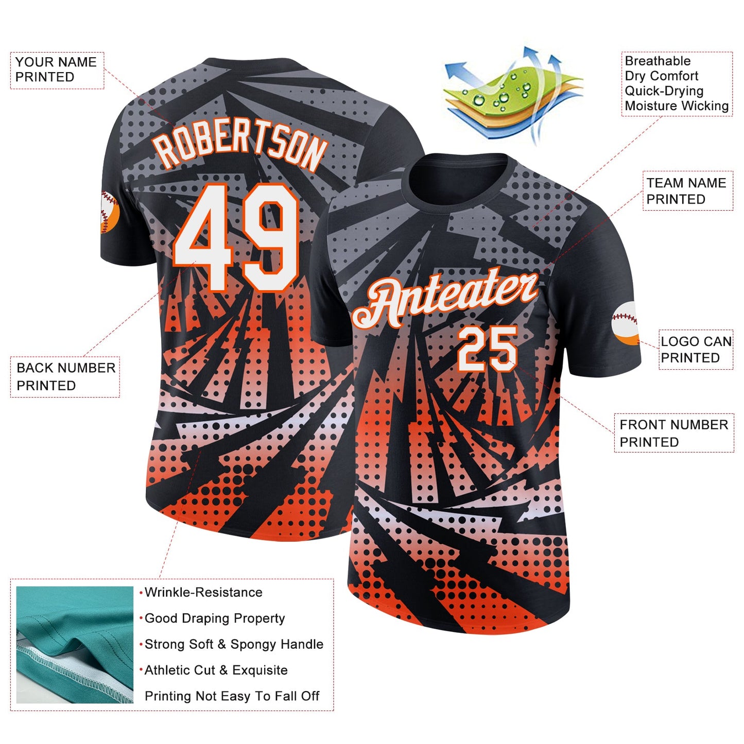 Custom Black White-Orange Lightning Gradient Dot Performance T-Shirt view 2