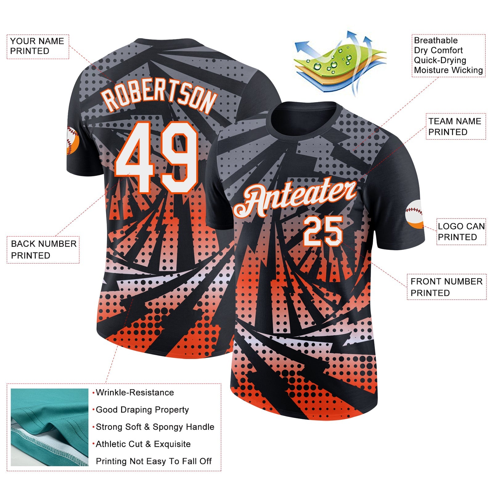 Custom Black White-Orange Lightning Gradient Dot Performance T-Shirt view 2