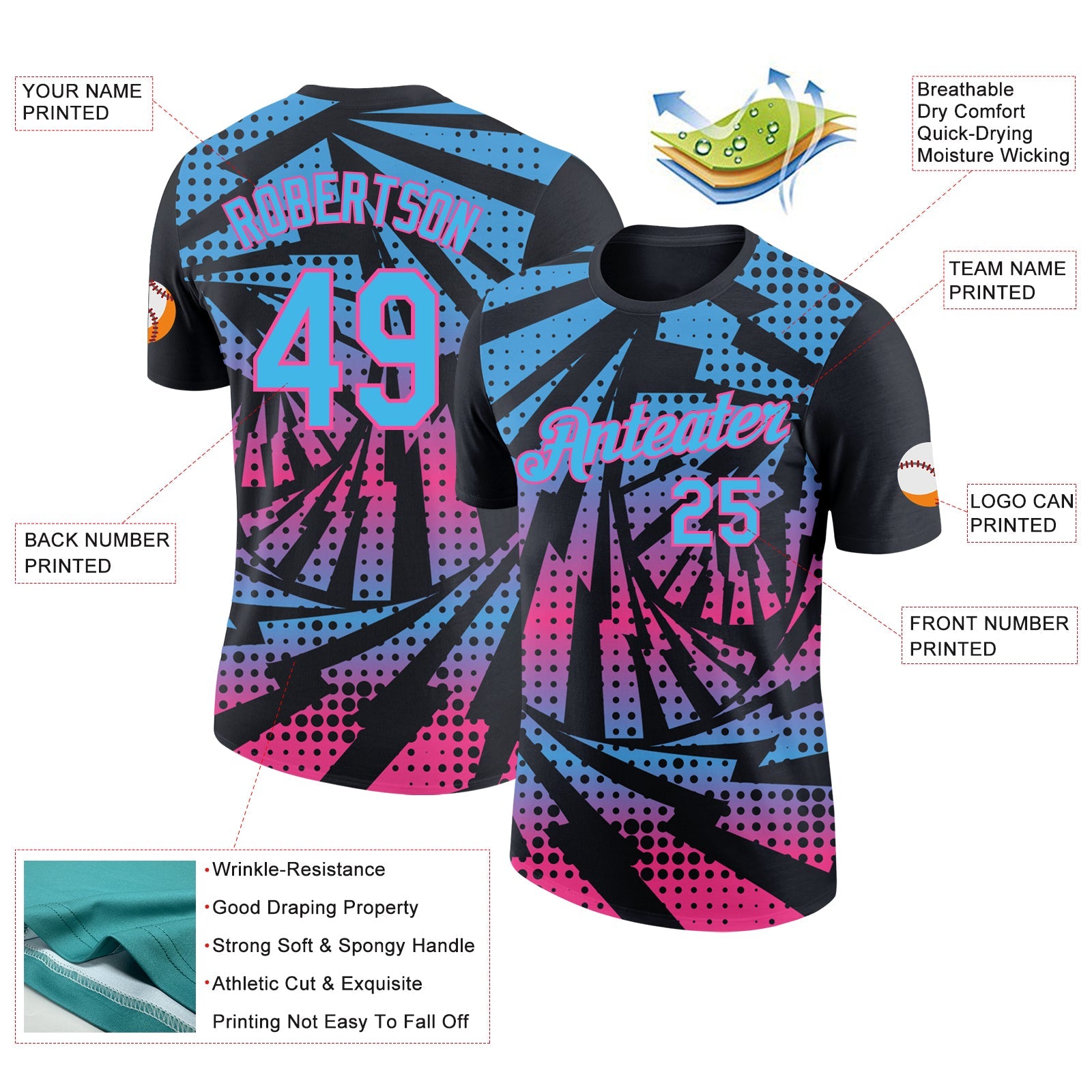 Custom Black Sky Blue-Pink Lightning Gradient Dot Performance T-Shirt view 2