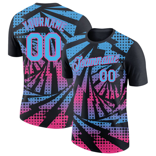 Custom Black Sky Blue-Pink Lightning Gradient Dot Performance T-Shirt - Main View