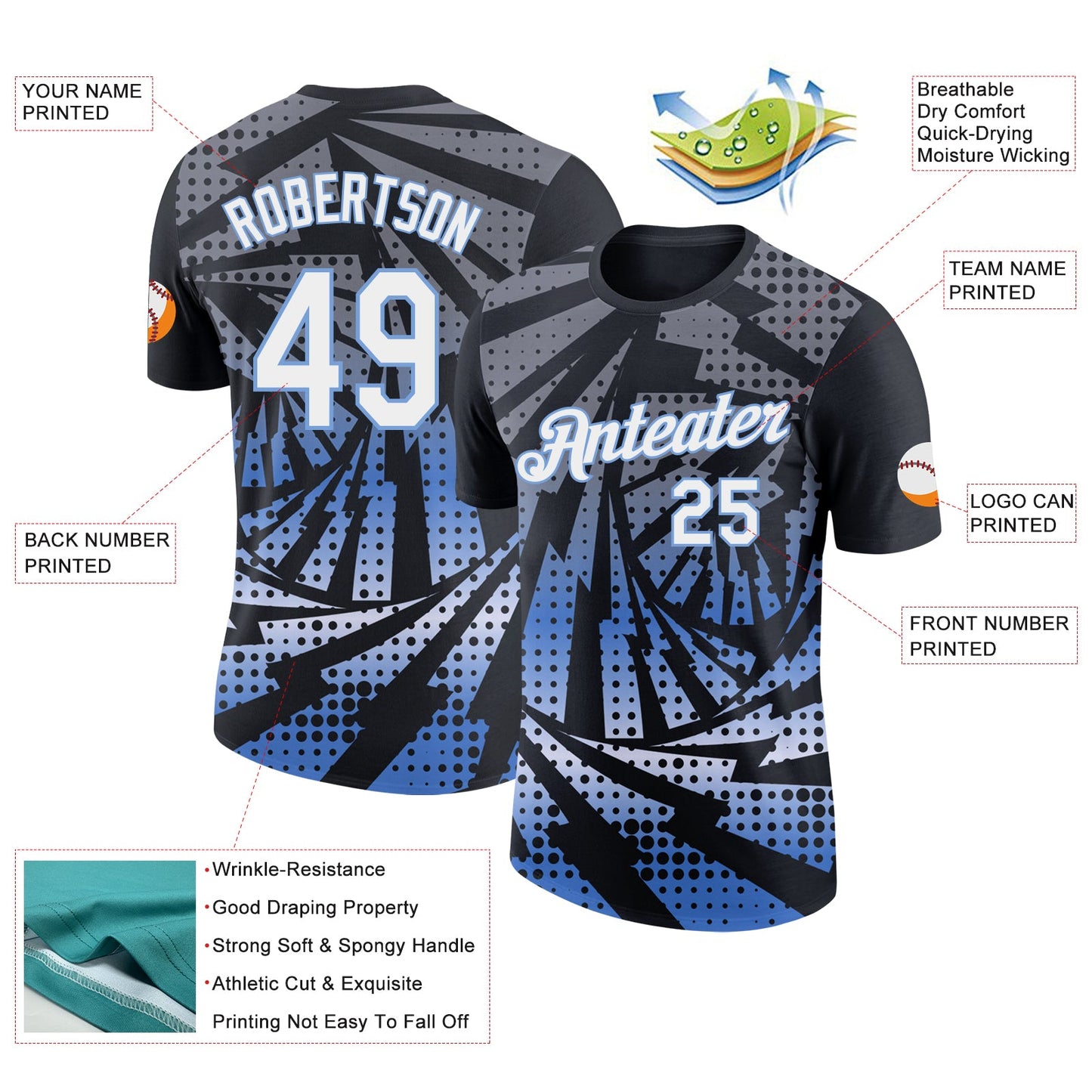 Custom Black White-Light Blue Lightning Gradient Dot Performance T-Shirt view 2