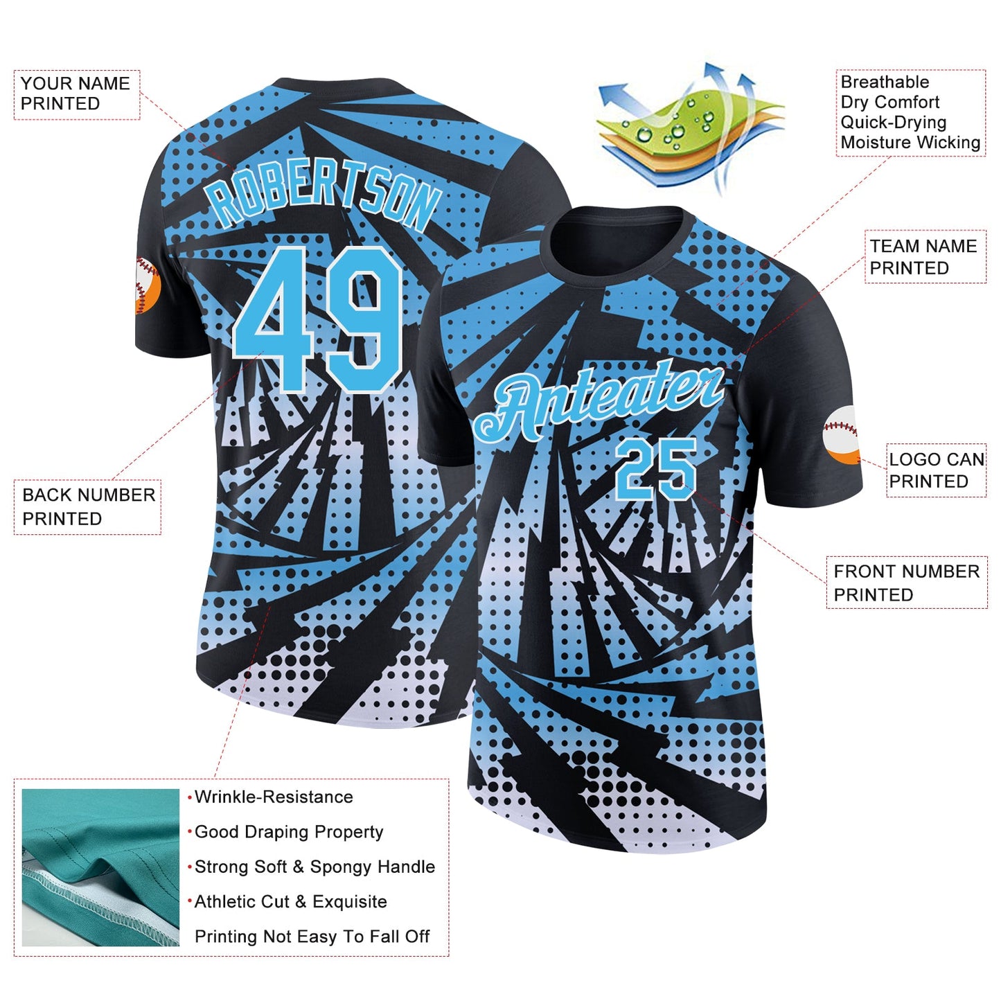 Custom Black Sky Blue-White Lightning Gradient Dot Performance T-Shirt view 2