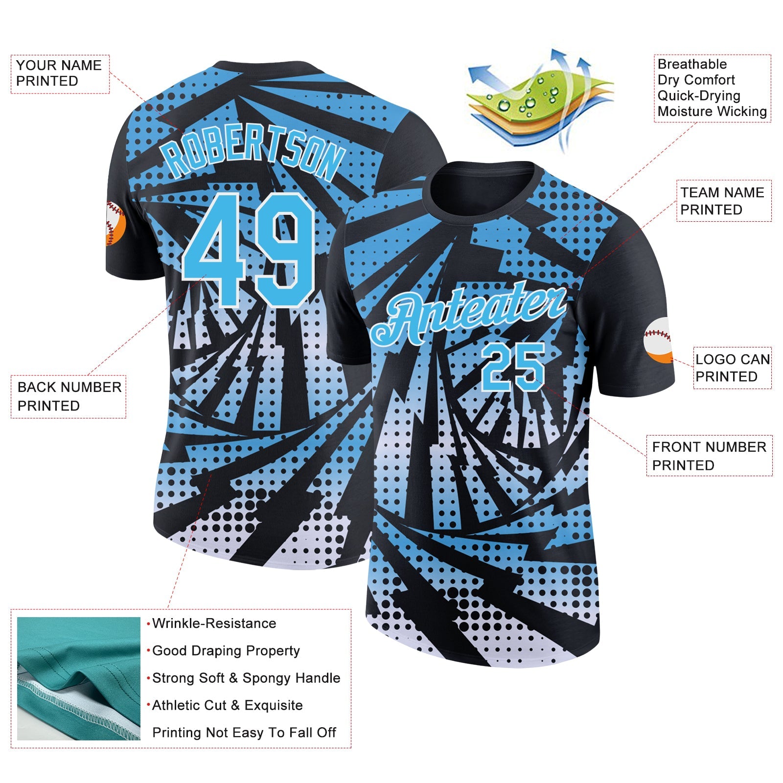 Custom Black Sky Blue-White Lightning Gradient Dot Performance T-Shirt view 2