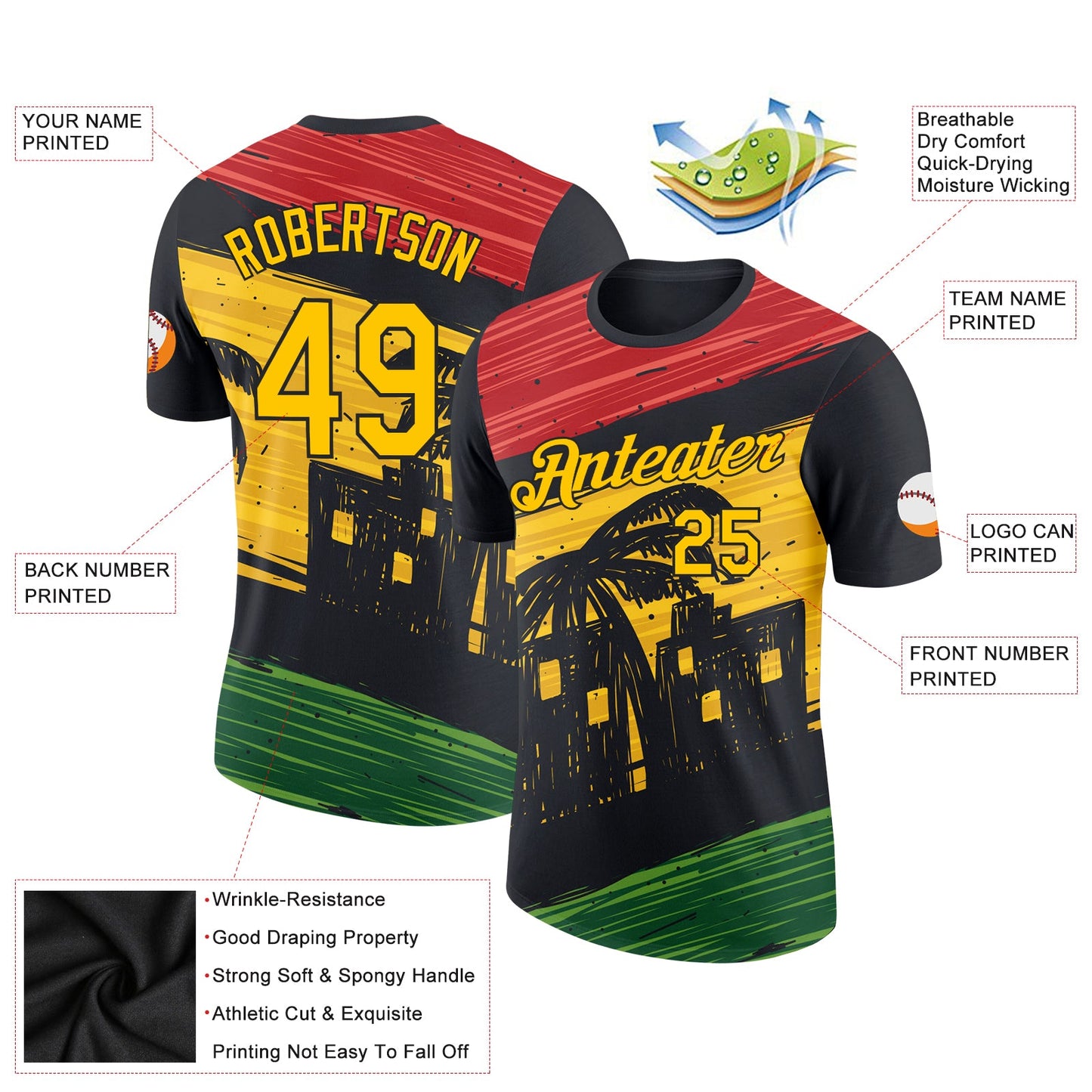Custom Black Yellow 3D Pattern Design Black History Month Performance T-Shirt view 2