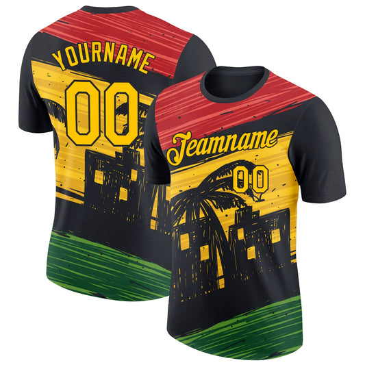 Custom Black Yellow 3D Pattern Design Black History Month Performance T-Shirt - Main View