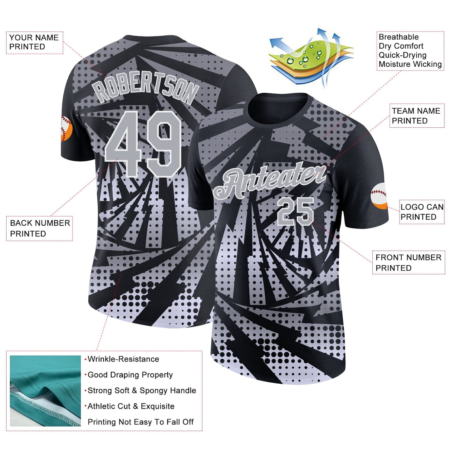 Custom Black Gray-White Lightning Gradient Dot Performance T-Shirt view 2