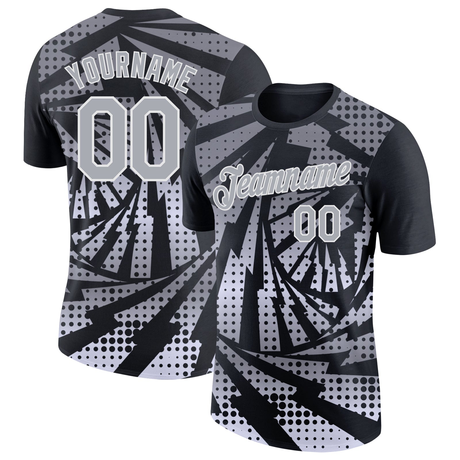 Custom Black Gray-White Lightning Gradient Dot Performance T-Shirt - Main View