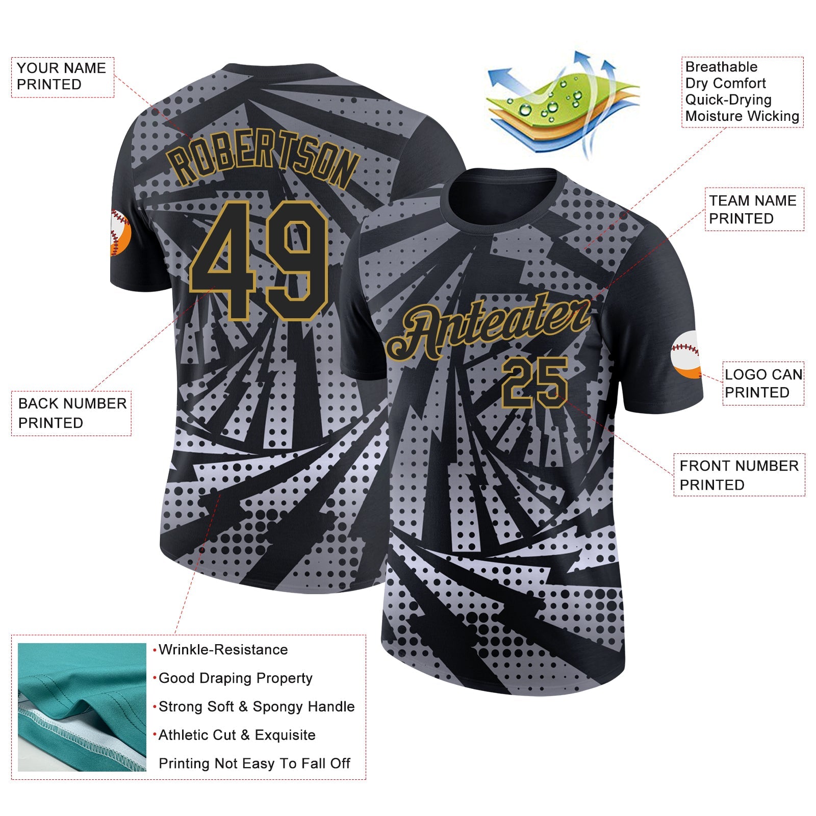 Custom Black Gray-Old Gold Lightning Gradient Dot Performance T-Shirt view 2