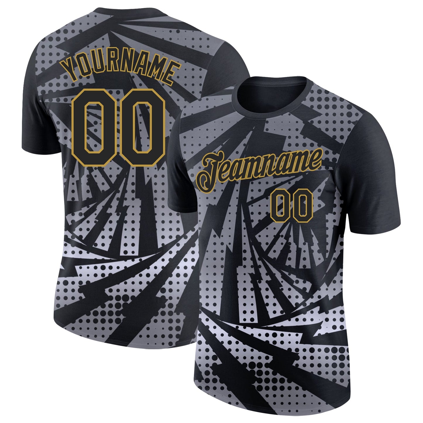 Custom Black Gray-Old Gold Lightning Gradient Dot Performance T-Shirt - Main View