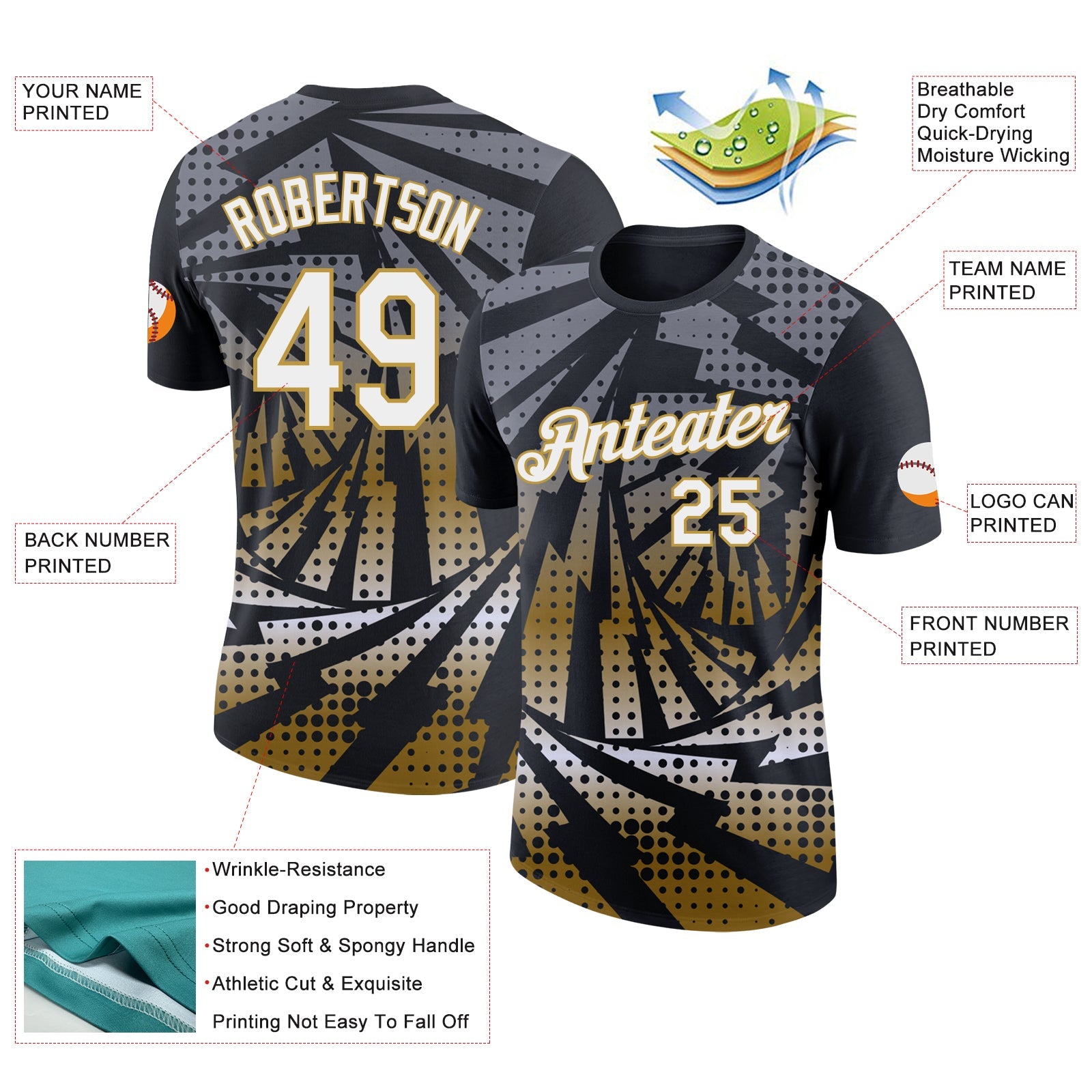 Custom Black White-Old Gold Lightning Gradient Dot Performance T-Shirt view 2