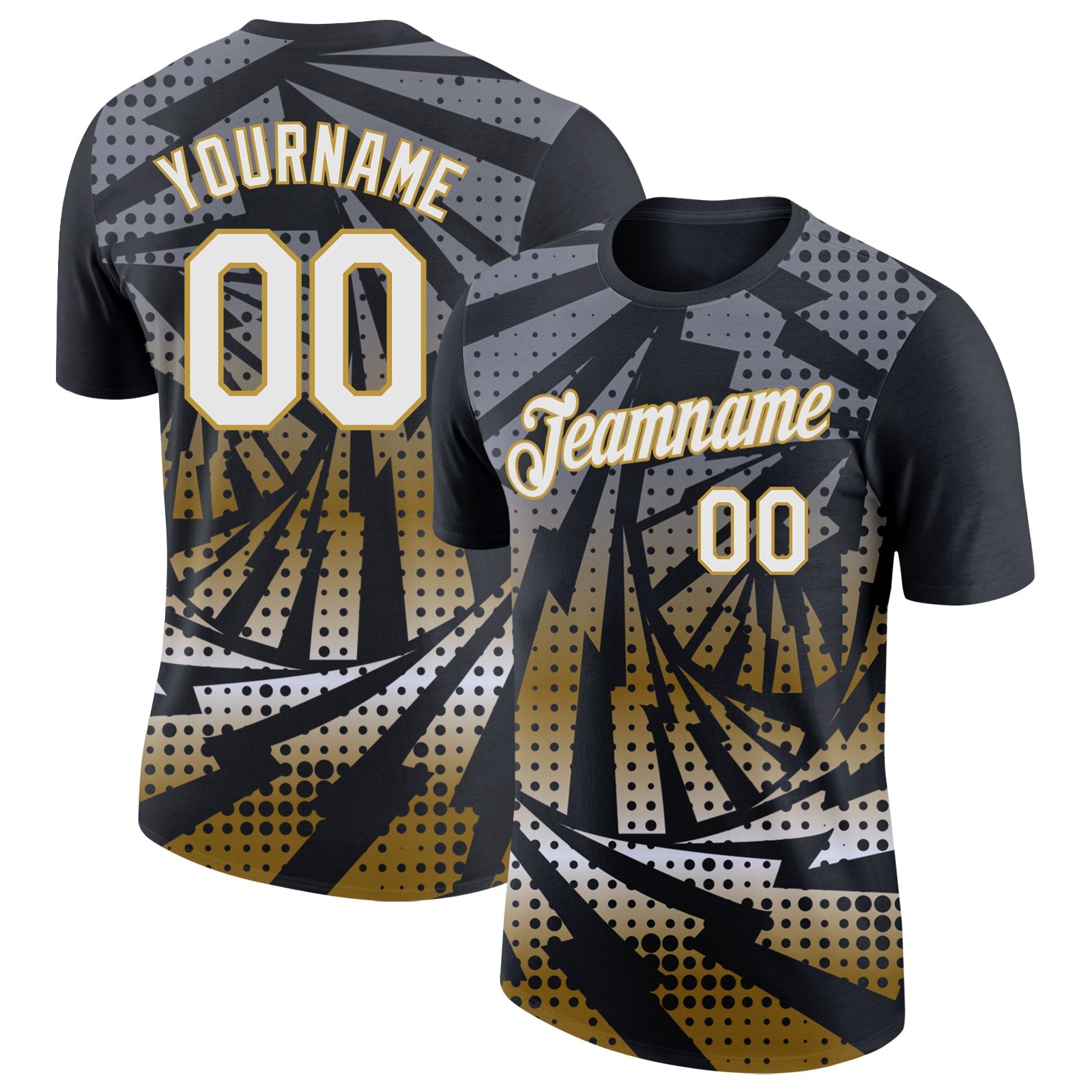 Custom Black White-Old Gold Lightning Gradient Dot Performance T-Shirt - Main View