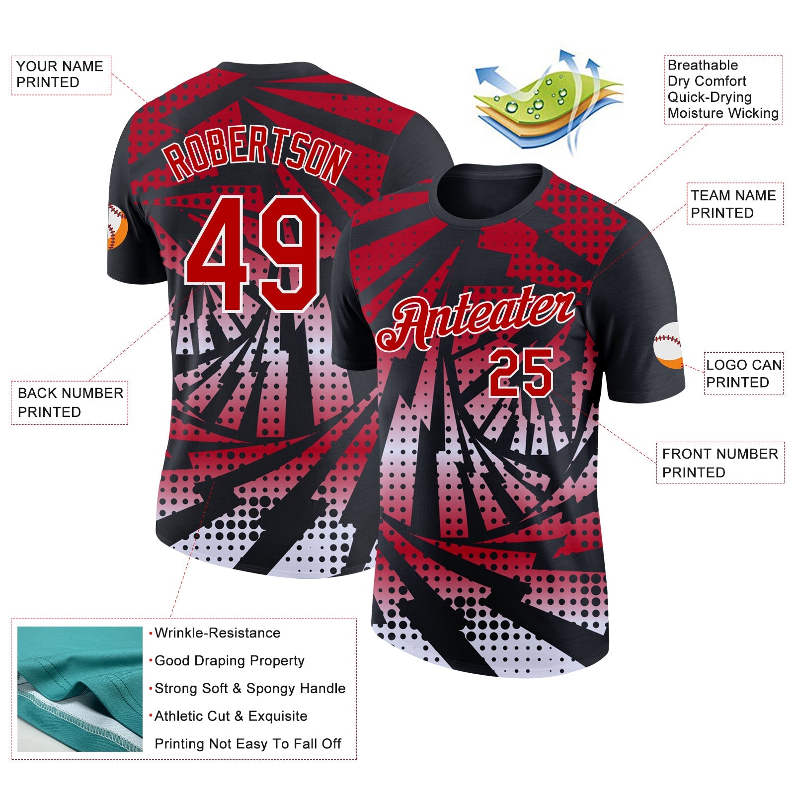 Custom Black Red-White Lightning Gradient Dot Performance T-Shirt view 2