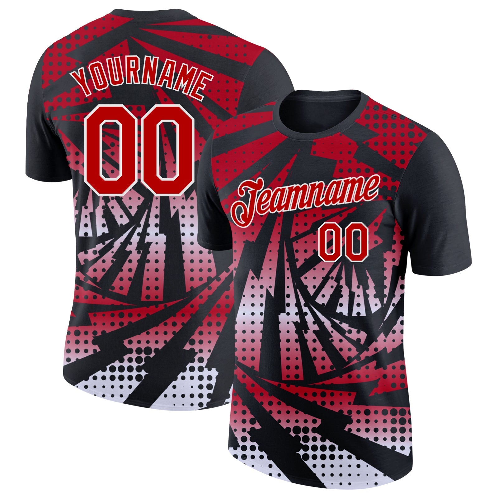 Custom Black Red-White Lightning Gradient Dot Performance T-Shirt - Main View