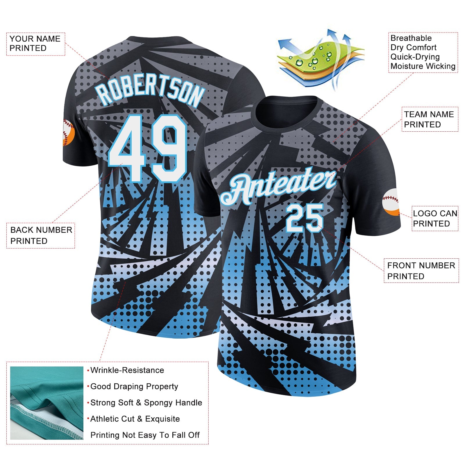 Custom Black White-Sky Blue Lightning Gradient Dot Performance T-Shirt view 2