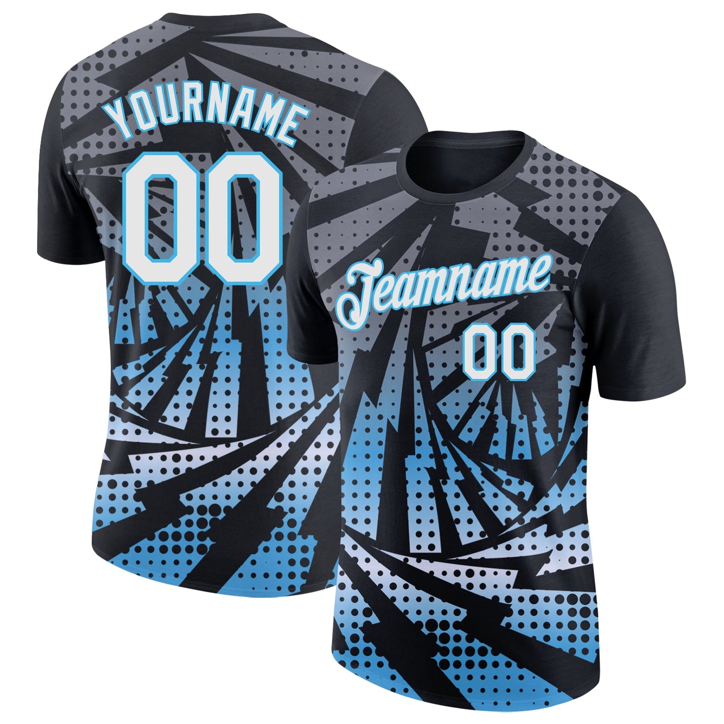 Custom Black White-Sky Blue Lightning Gradient Dot Performance T-Shirt - Main View