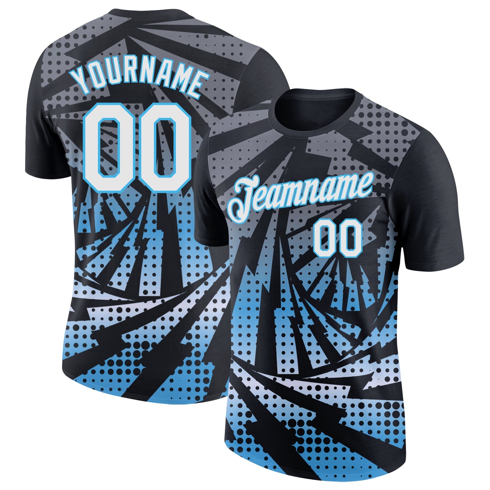 Custom Black White-Sky Blue Lightning Gradient Dot Performance T-Shirt - Main View