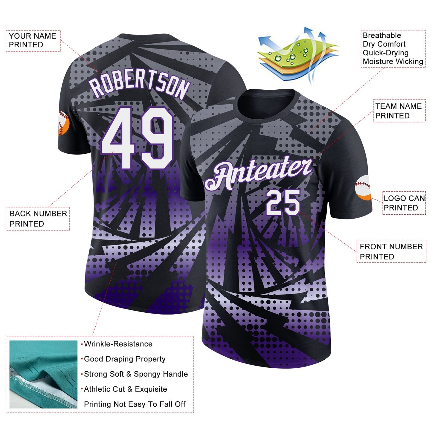 Custom Black White-Purple Lightning Gradient Dot Performance T-Shirt view 2