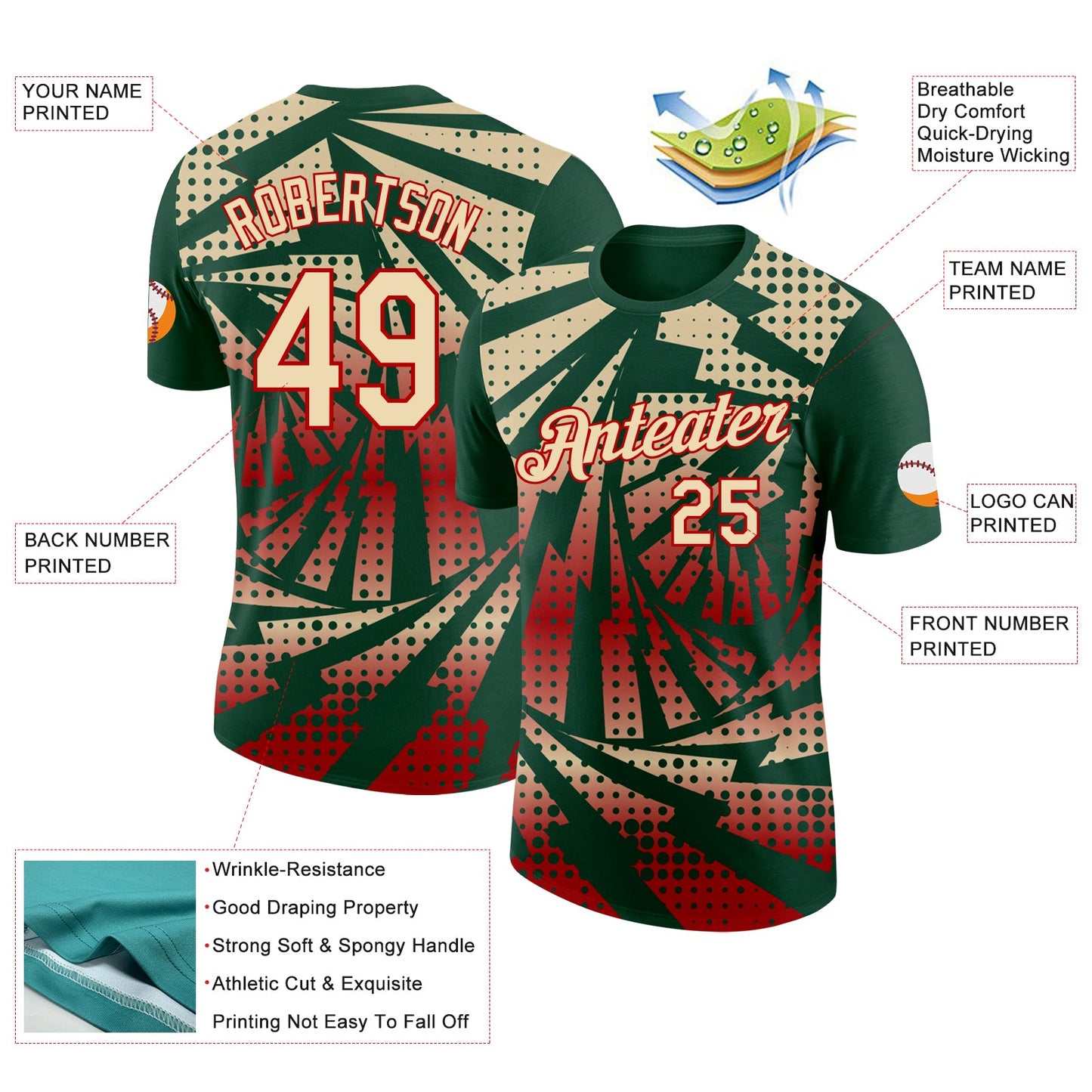 Custom Green Cream-Red Lightning Gradient Dot Performance T-Shirt view 2