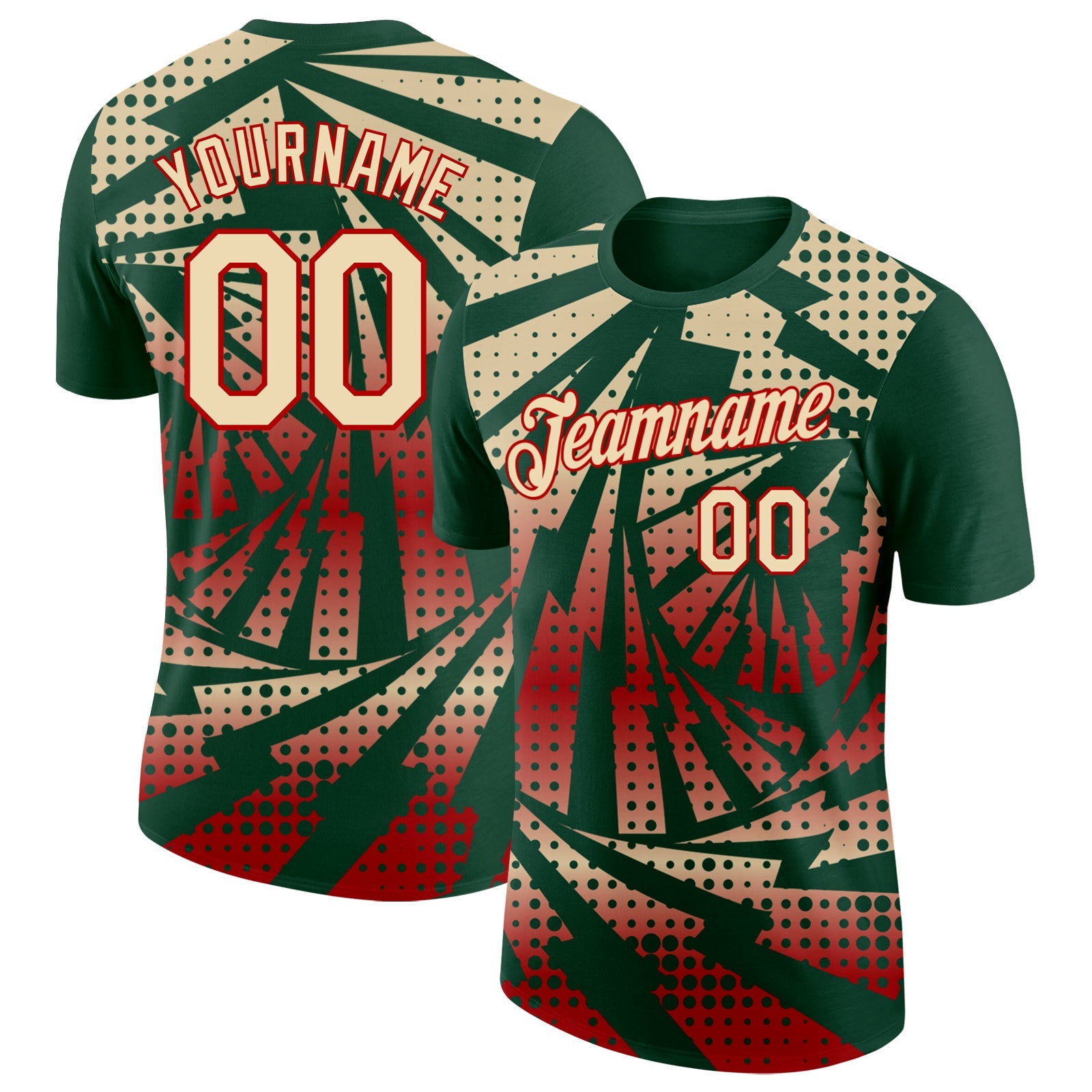 Custom Green Cream-Red Lightning Gradient Dot Performance T-Shirt - Main View