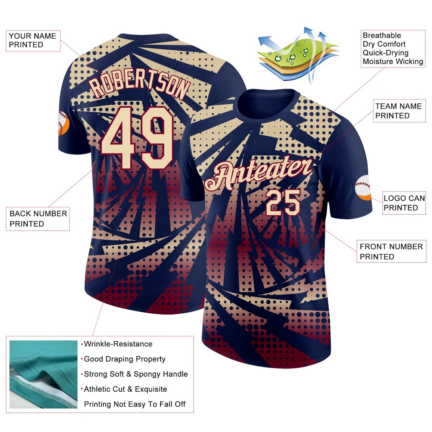 Custom Navy Cream-Maroon Lightning Gradient Dot Performance T-Shirt view 2