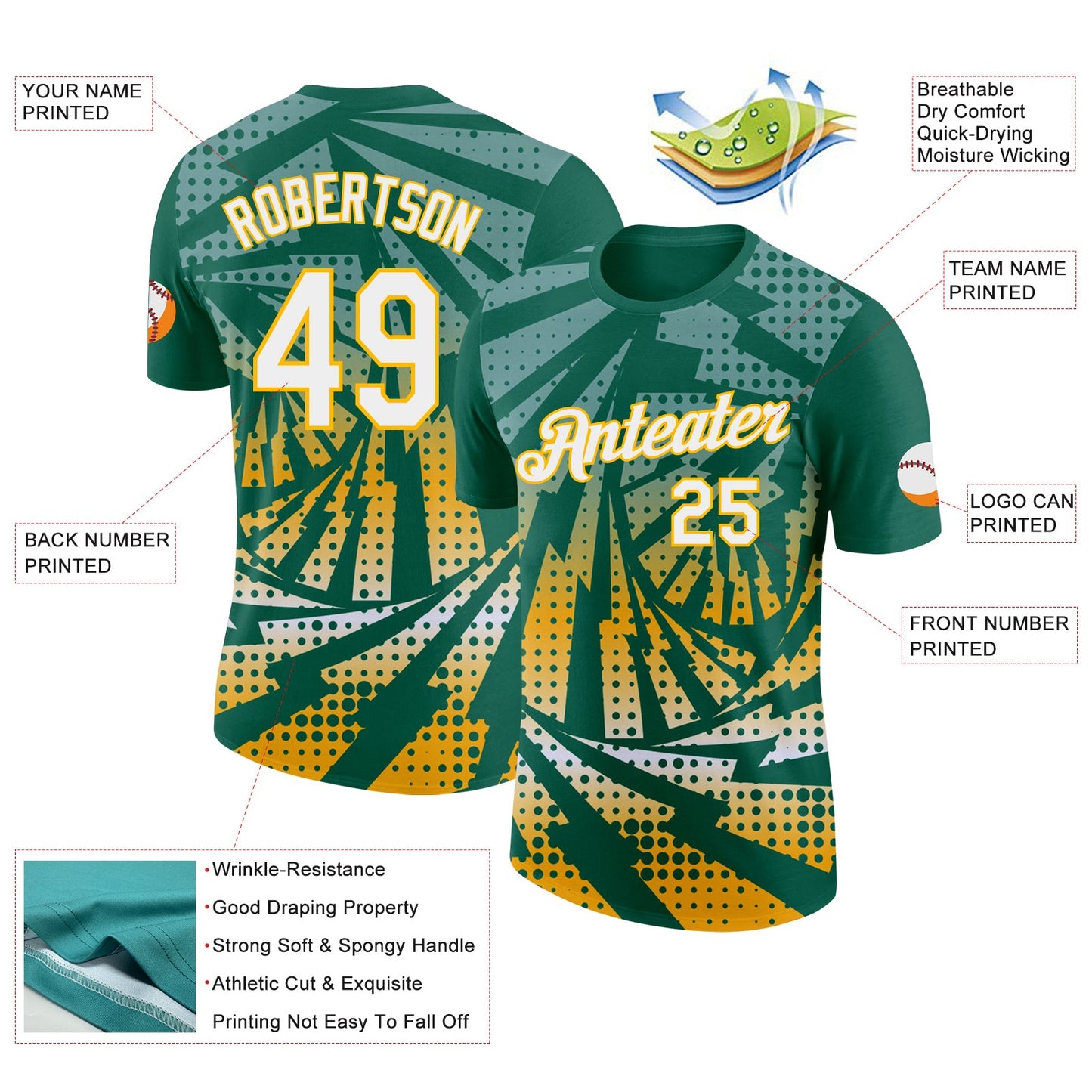 Custom Kelly Green White-Gold Lightning Gradient Dot Performance T-Shirt view 2