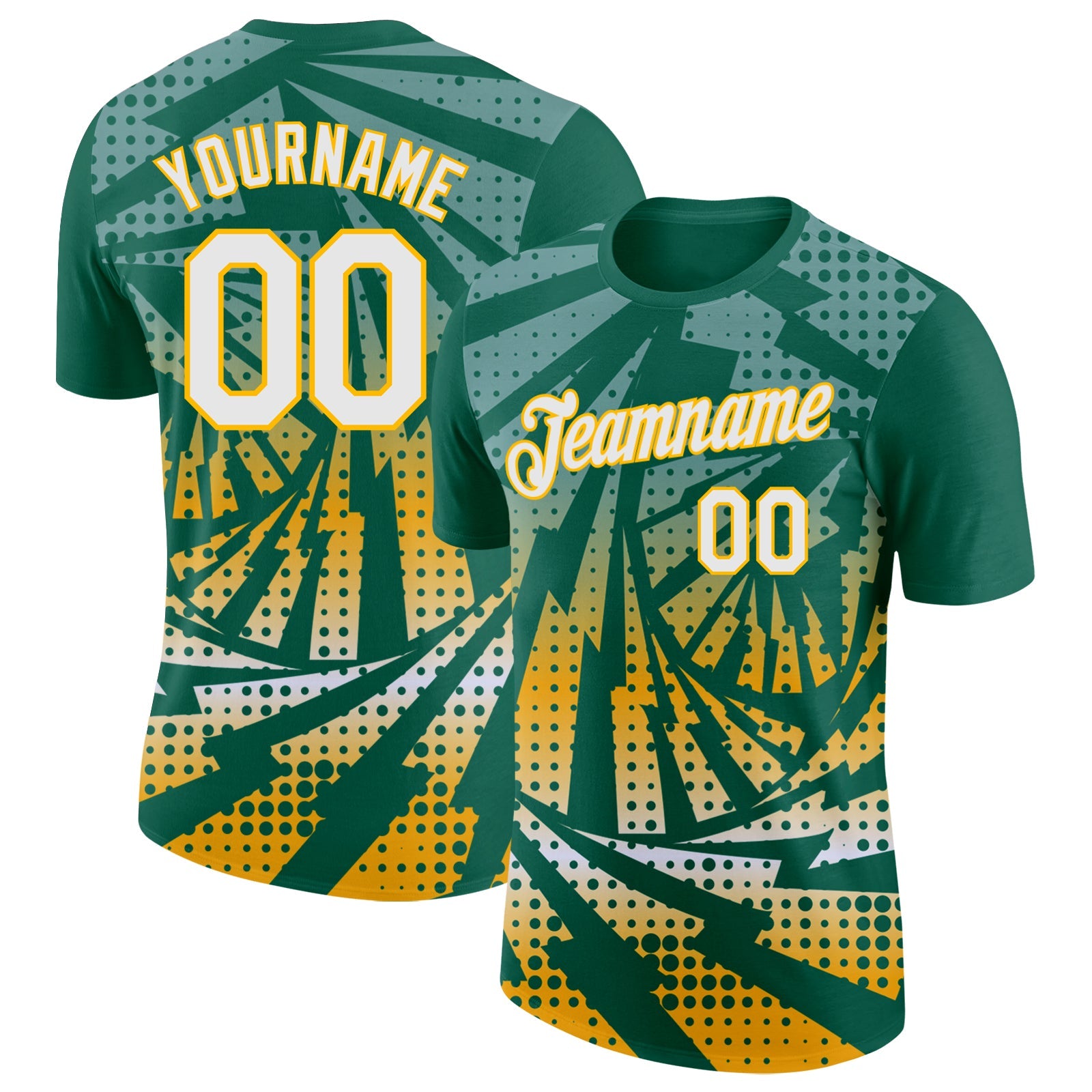 Custom Kelly Green White-Gold Lightning Gradient Dot Performance T-Shirt - Main View