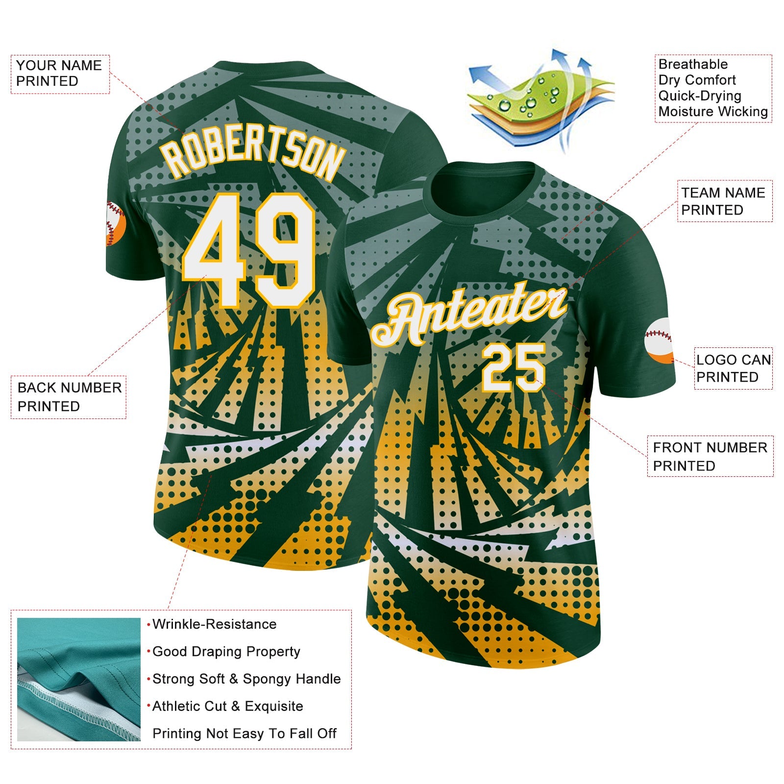 Custom Green White-Gold Lightning Gradient Dot Performance T-Shirt view 2