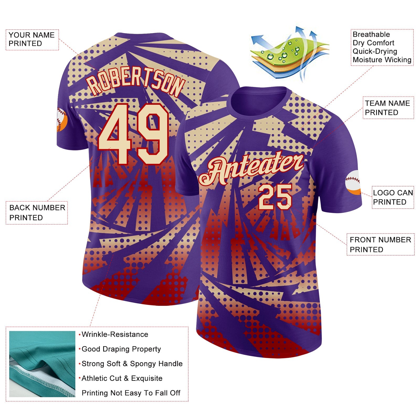 Custom Purple Cream-Red Lightning Gradient Dot Performance T-Shirt view 2