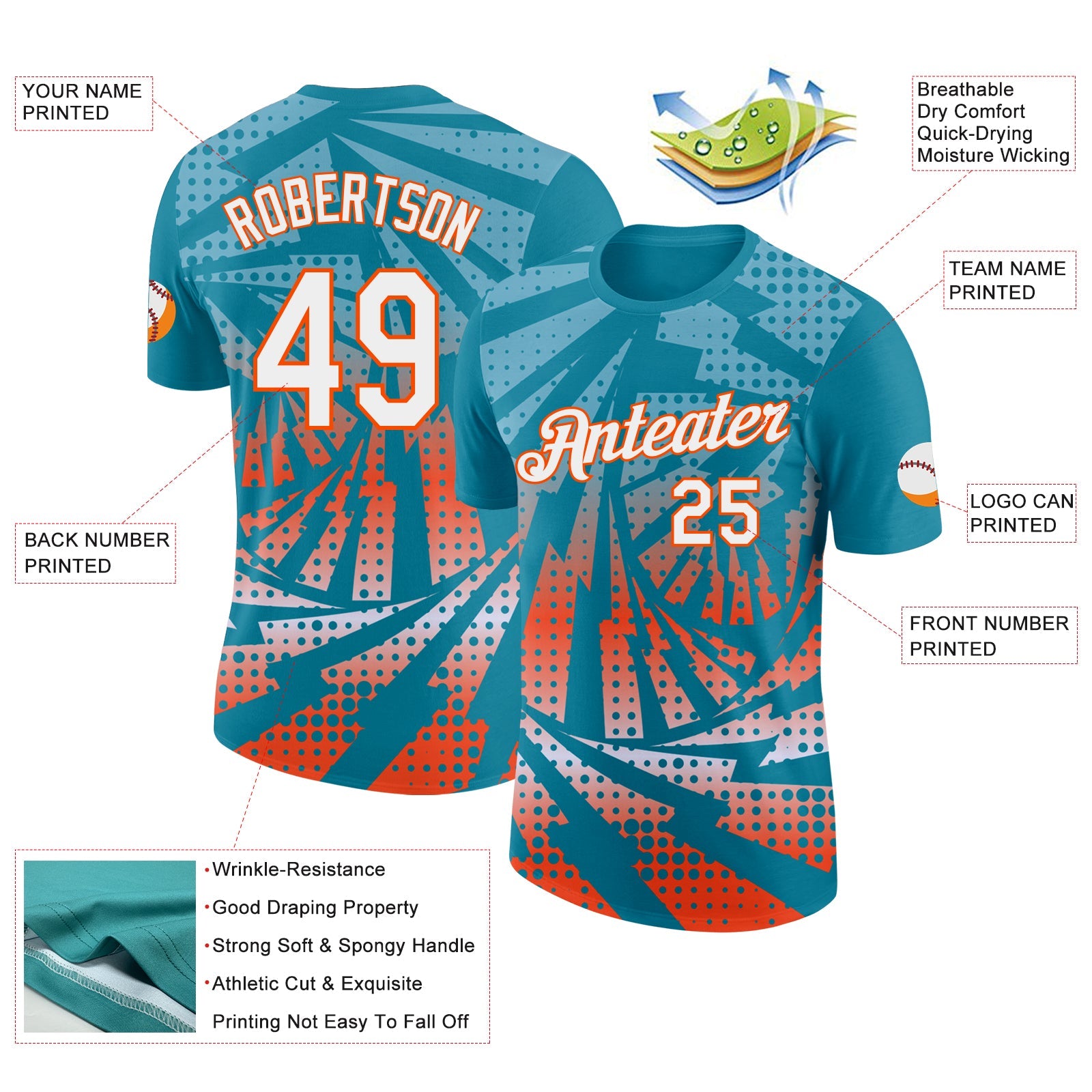Custom Teal White-Orange Lightning Gradient Dot Performance T-Shirt view 2