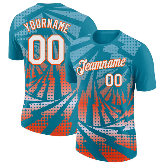 Custom Teal White-Orange Lightning Gradient Dot Performance T-Shirt - Main View
