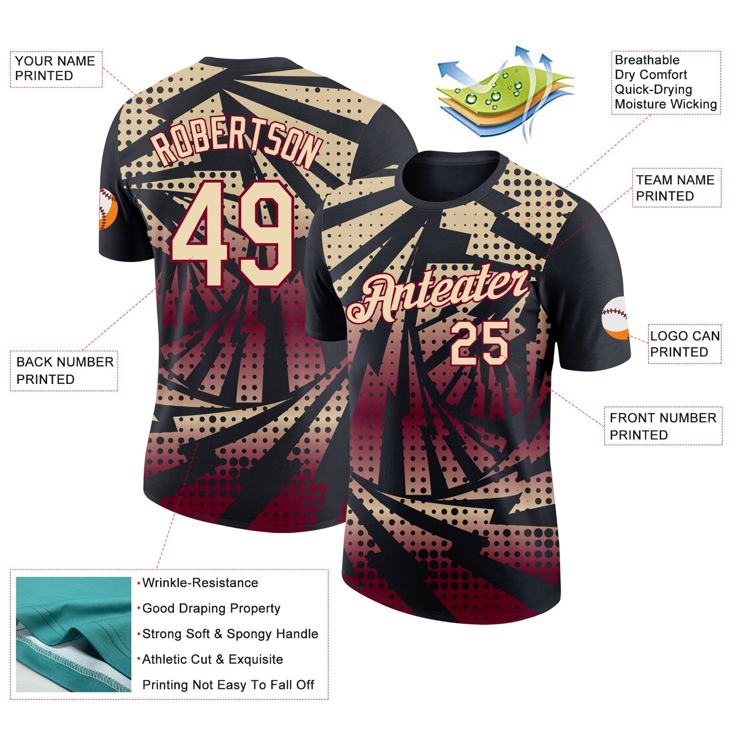 Custom Black Cream-Maroon Lightning Gradient Dot Performance T-Shirt view 2