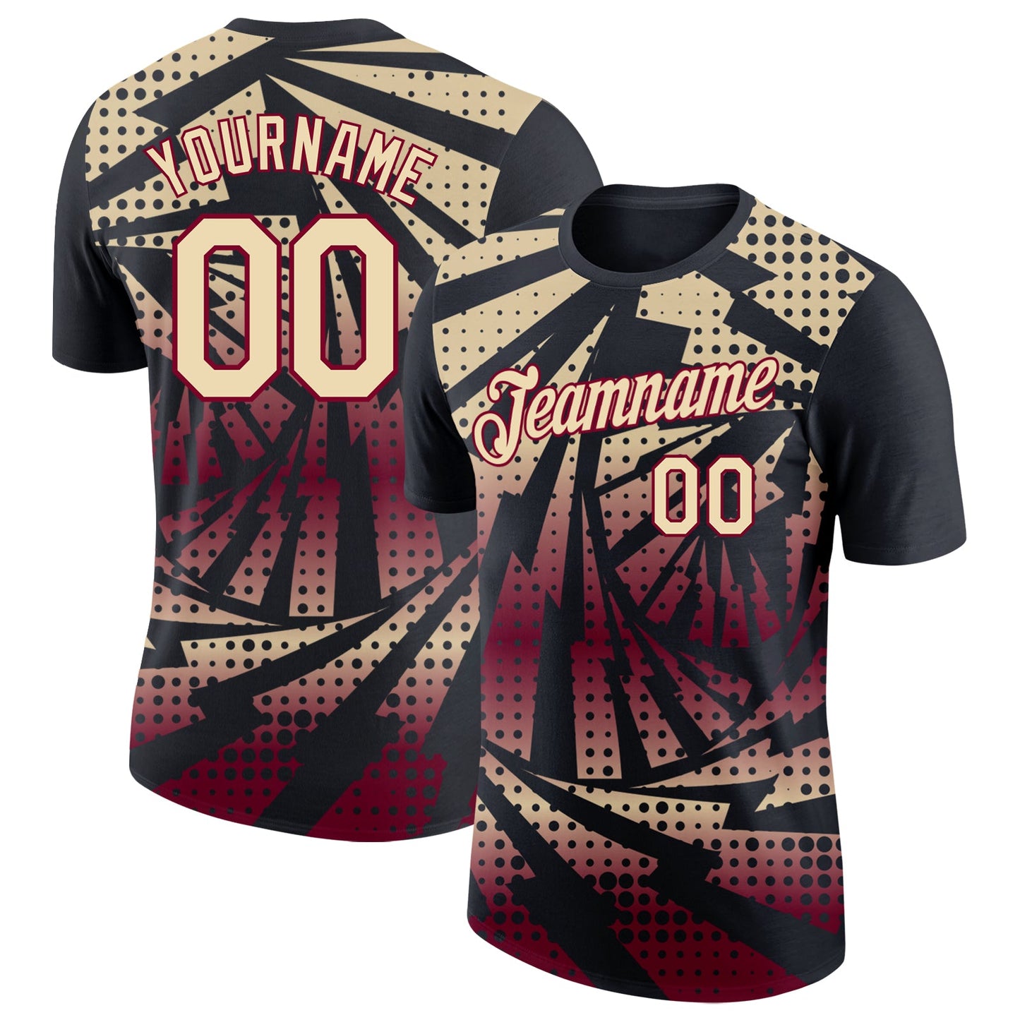 Custom Black Cream-Maroon Lightning Gradient Dot Performance T-Shirt - Main View