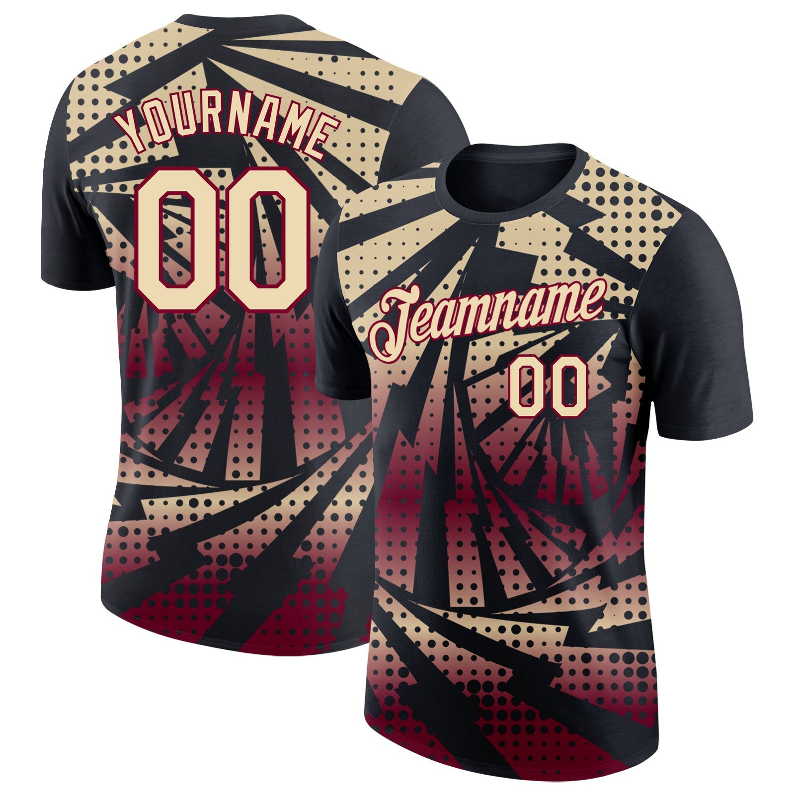 Custom Black Cream-Maroon Lightning Gradient Dot Performance T-Shirt - Main View