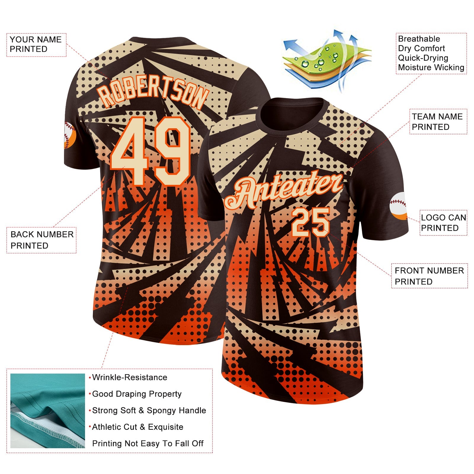 Custom Brown Cream-Orange Lightning Gradient Dot Performance T-Shirt view 2