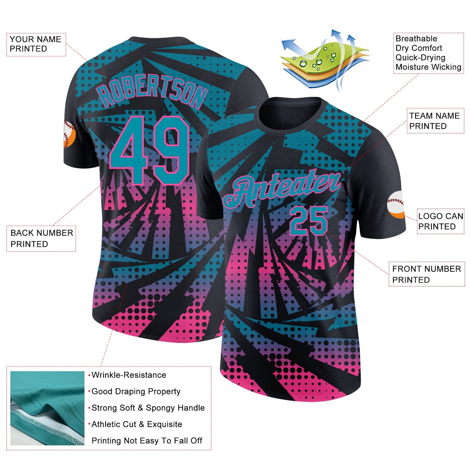 Custom Black Teal-Pink Lightning Gradient Dot Performance T-Shirt view 2