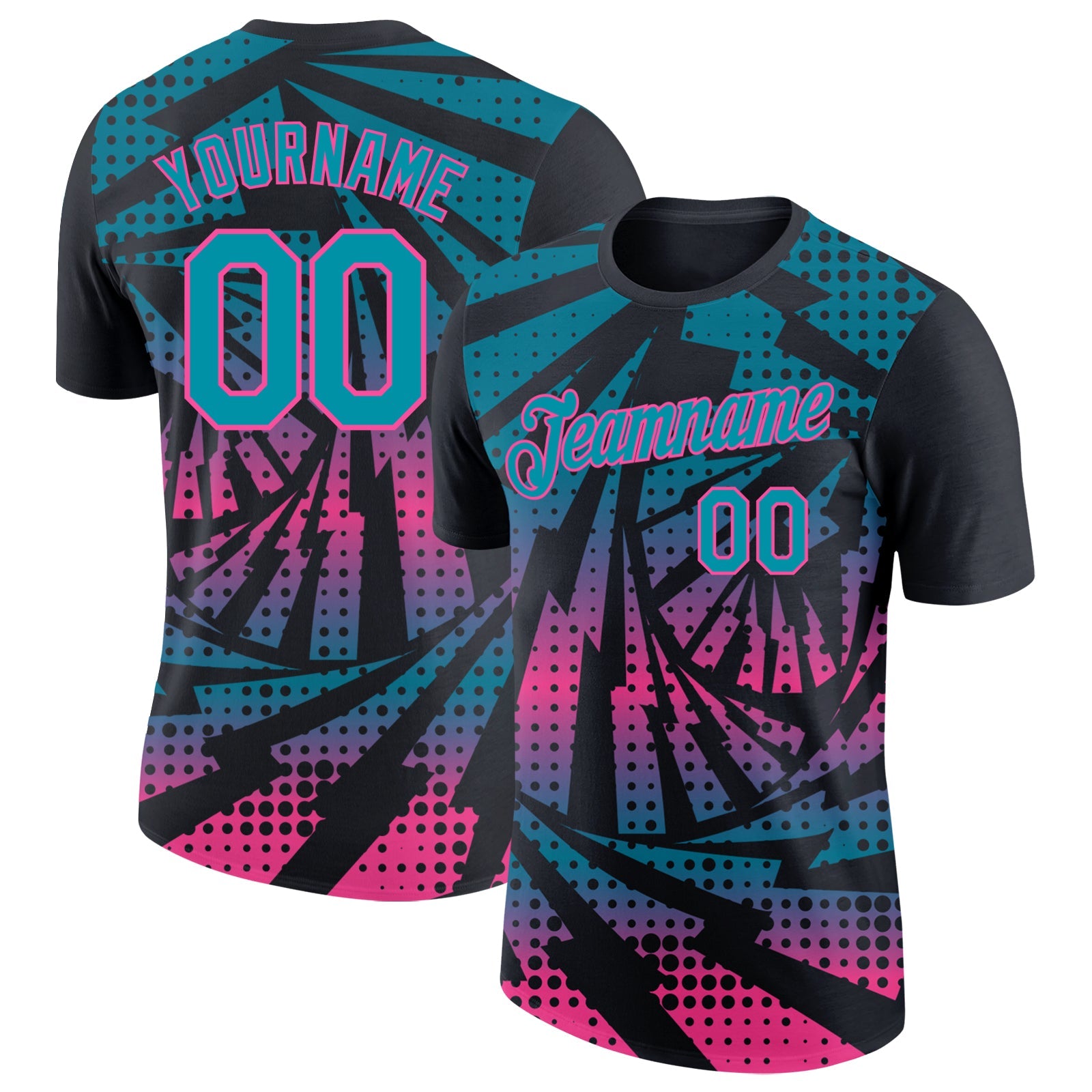Custom Black Teal-Pink Lightning Gradient Dot Performance T-Shirt - Main View