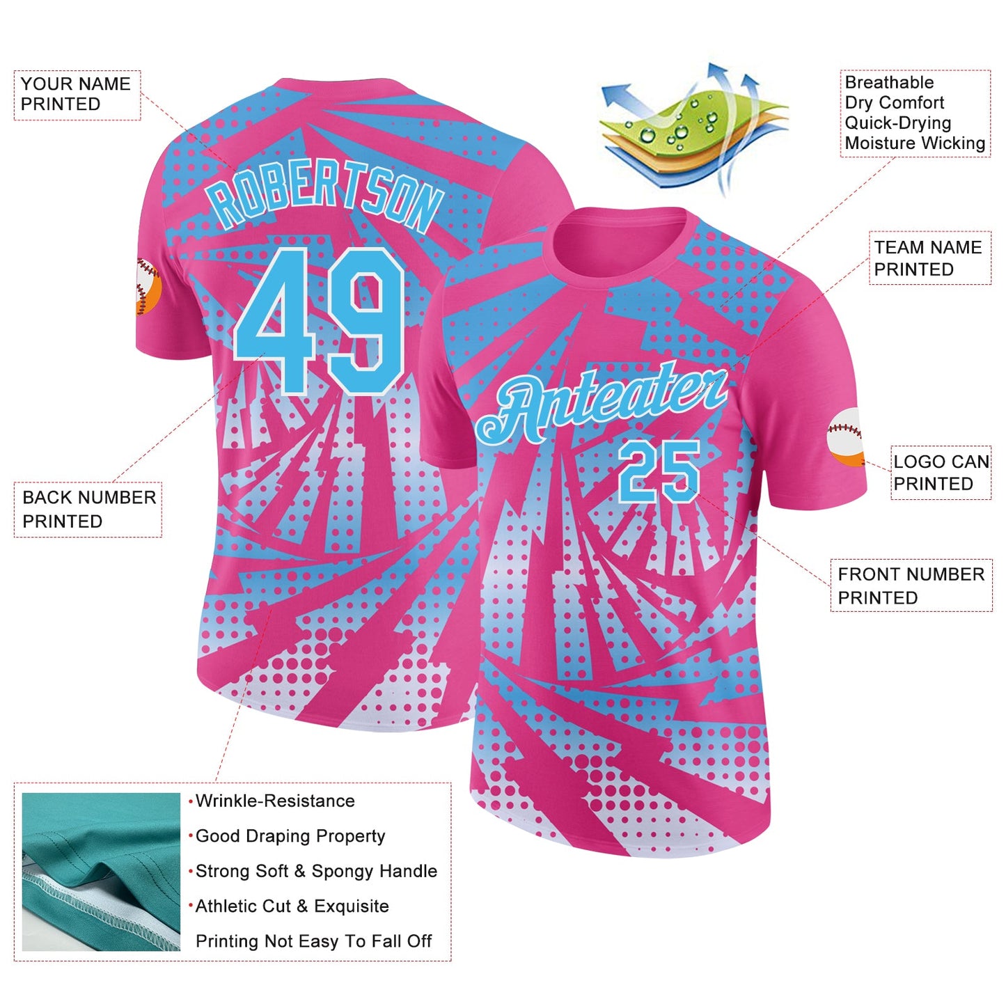 Custom Pink Sky Blue-White Lightning Gradient Dot Performance T-Shirt view 2